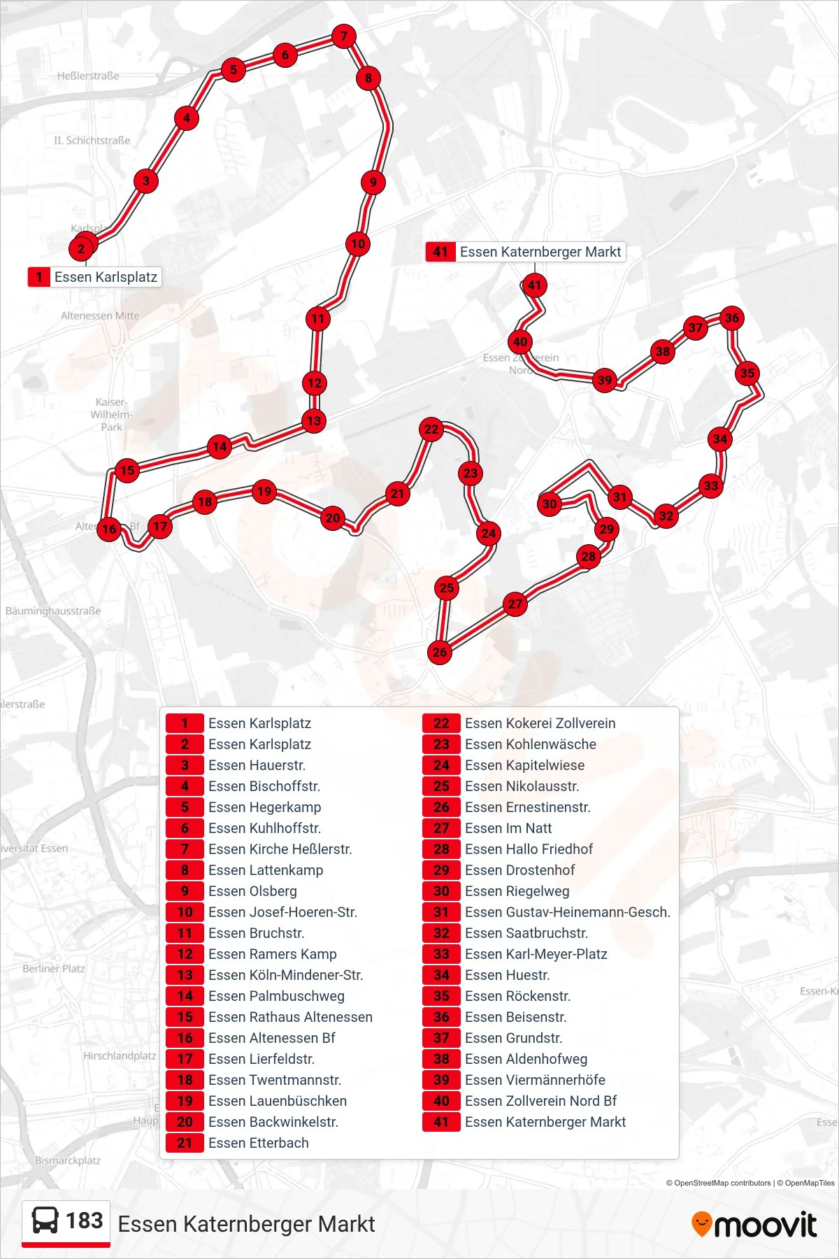 Linie 183 (Bus) Richtung Essen Katernberger Markt: Route und Haltestellen auf der Karte