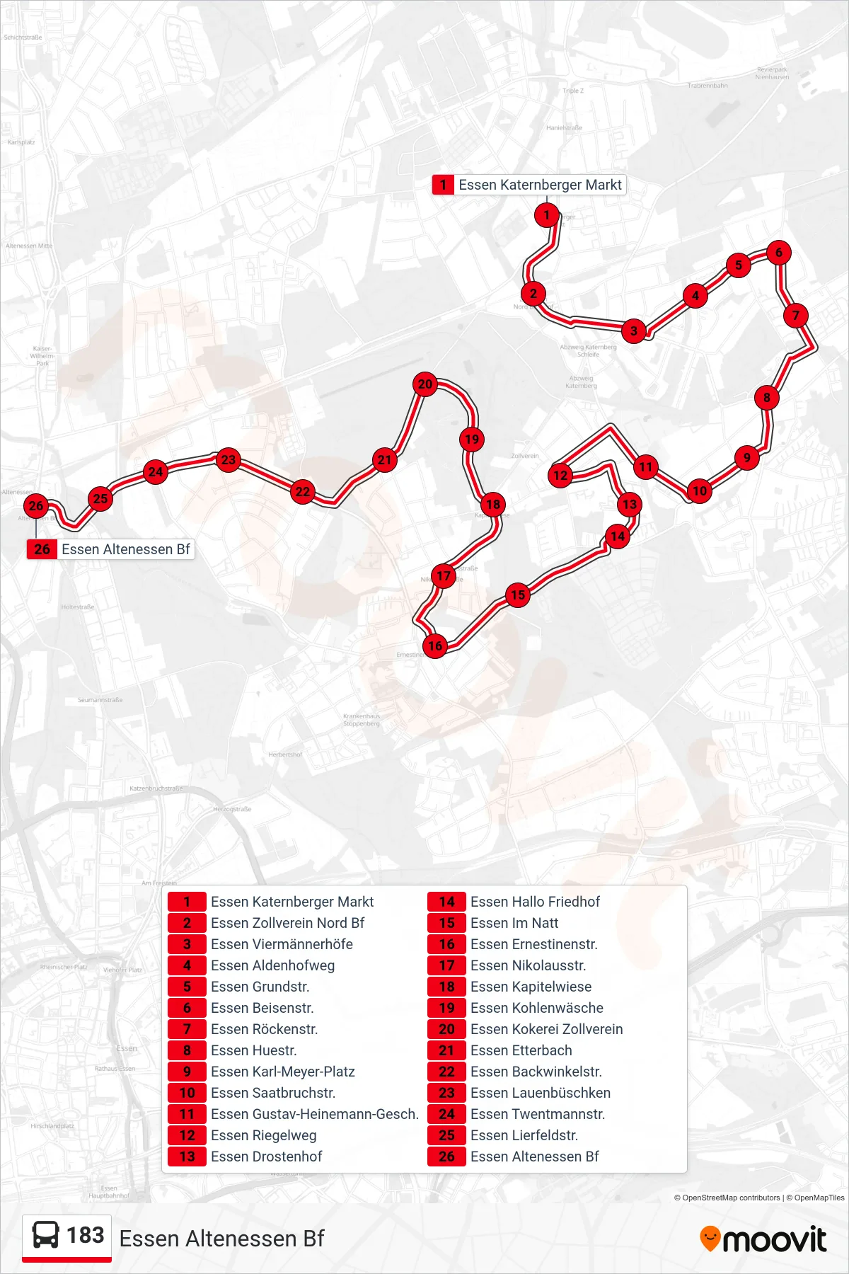 Linie 183 (Bus) Richtung Essen Altenessen Bf: Route und Haltestellen auf der Karte
