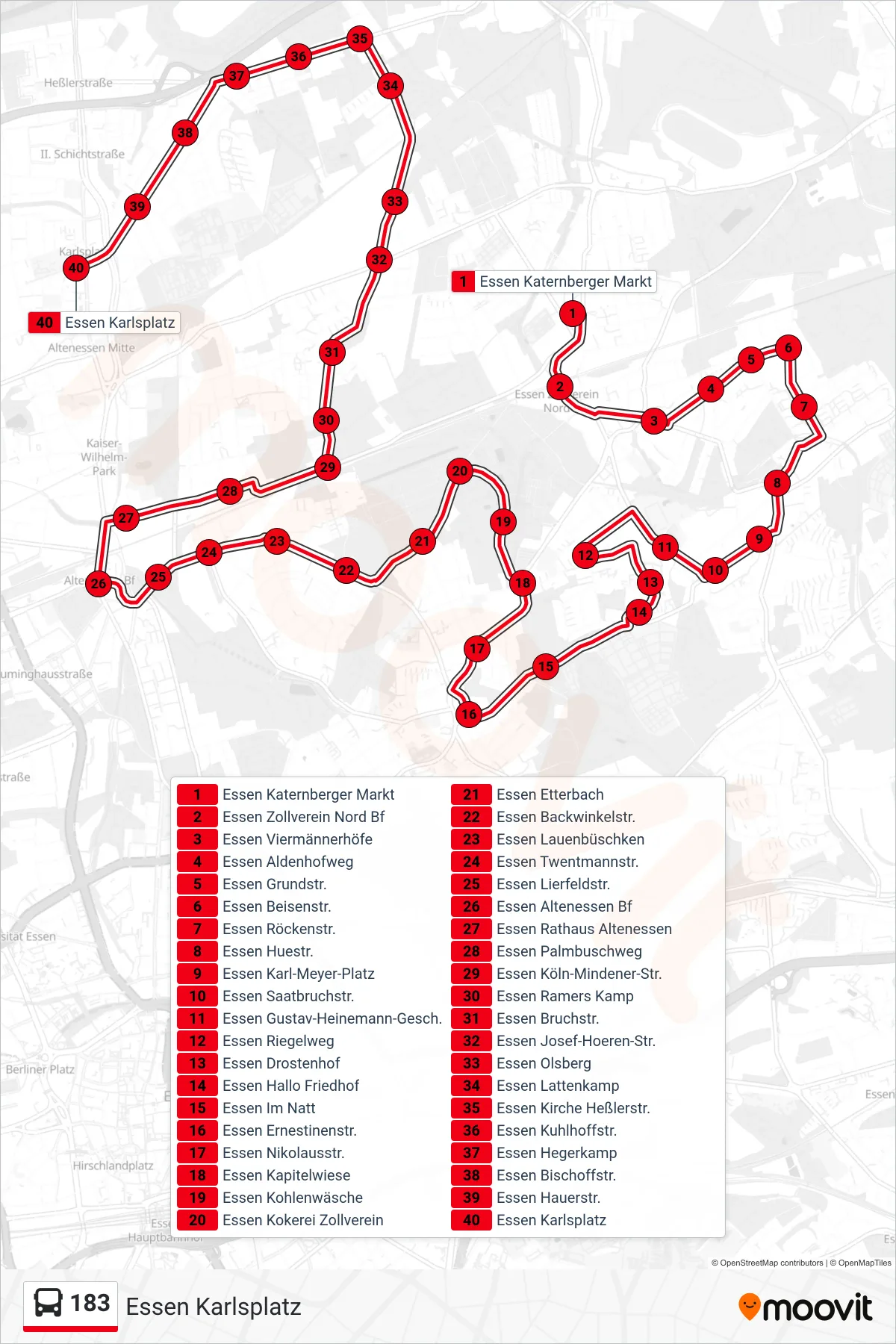 183 bus Line (Essen Karlsplatz) route and stops on a map