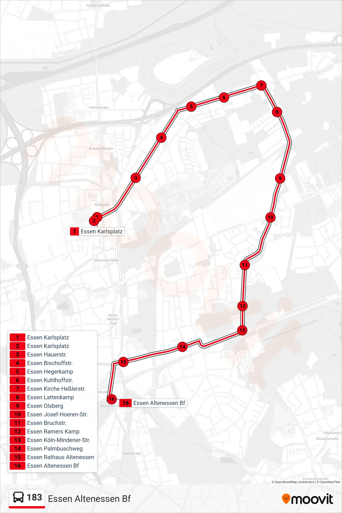 Linie 183 (Bus) Richtung Essen Altenessen Bf: Route und Haltestellen auf der Karte