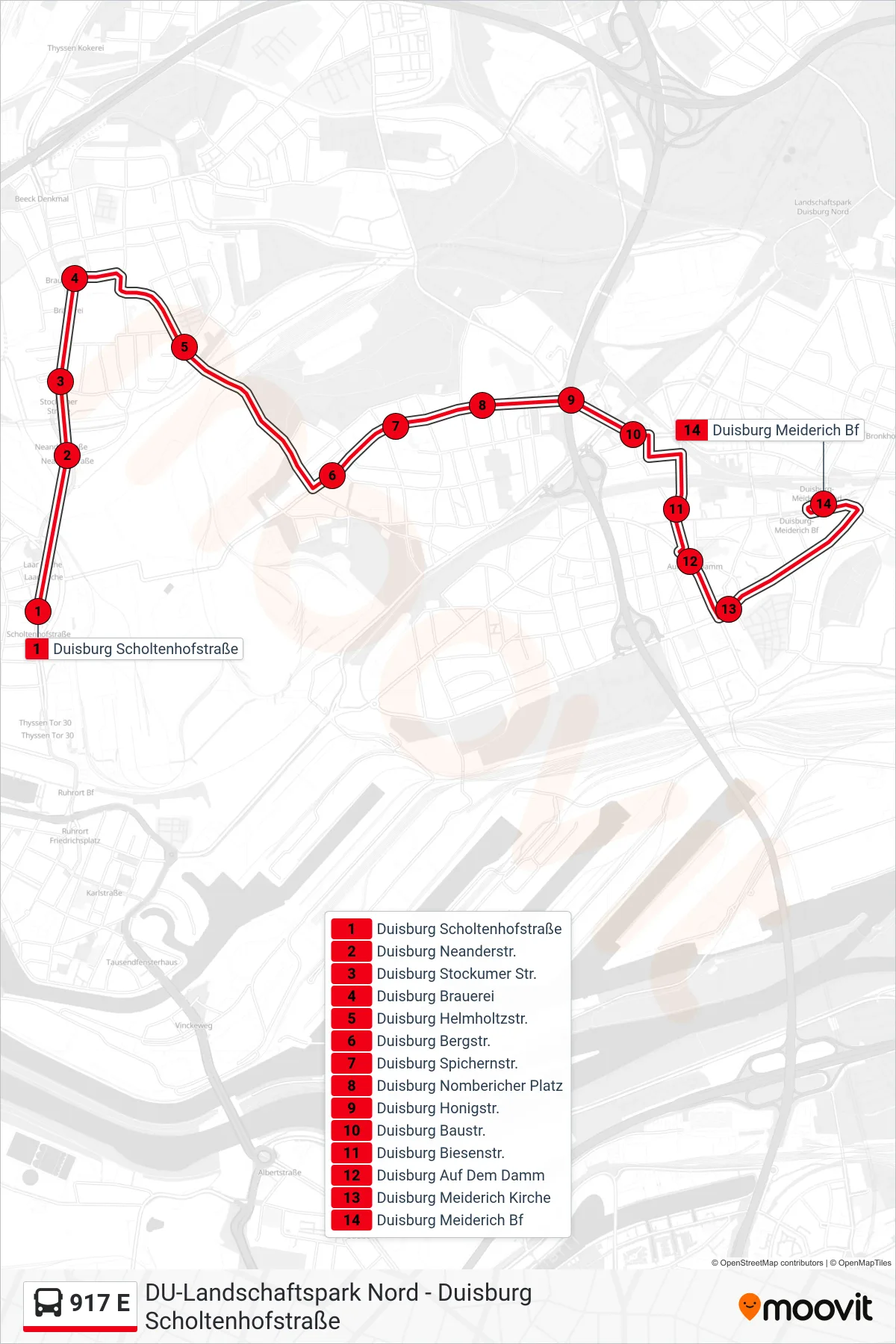 Linie 917 E (Bus) Richtung Duisburg Meiderich Bf: Route und Haltestellen auf der Karte