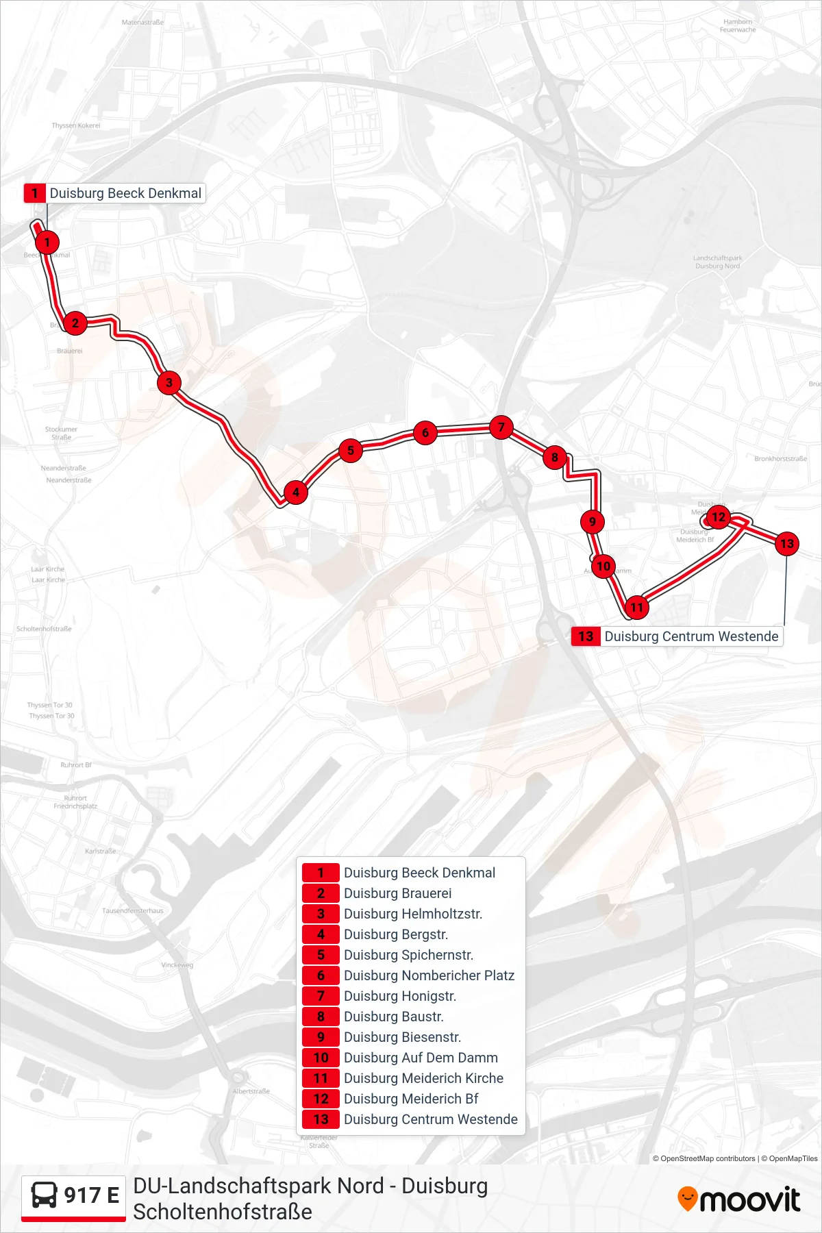 Linie 917 E (Bus) Richtung Duisburg Centrum Westende: Route und Haltestellen auf der Karte
