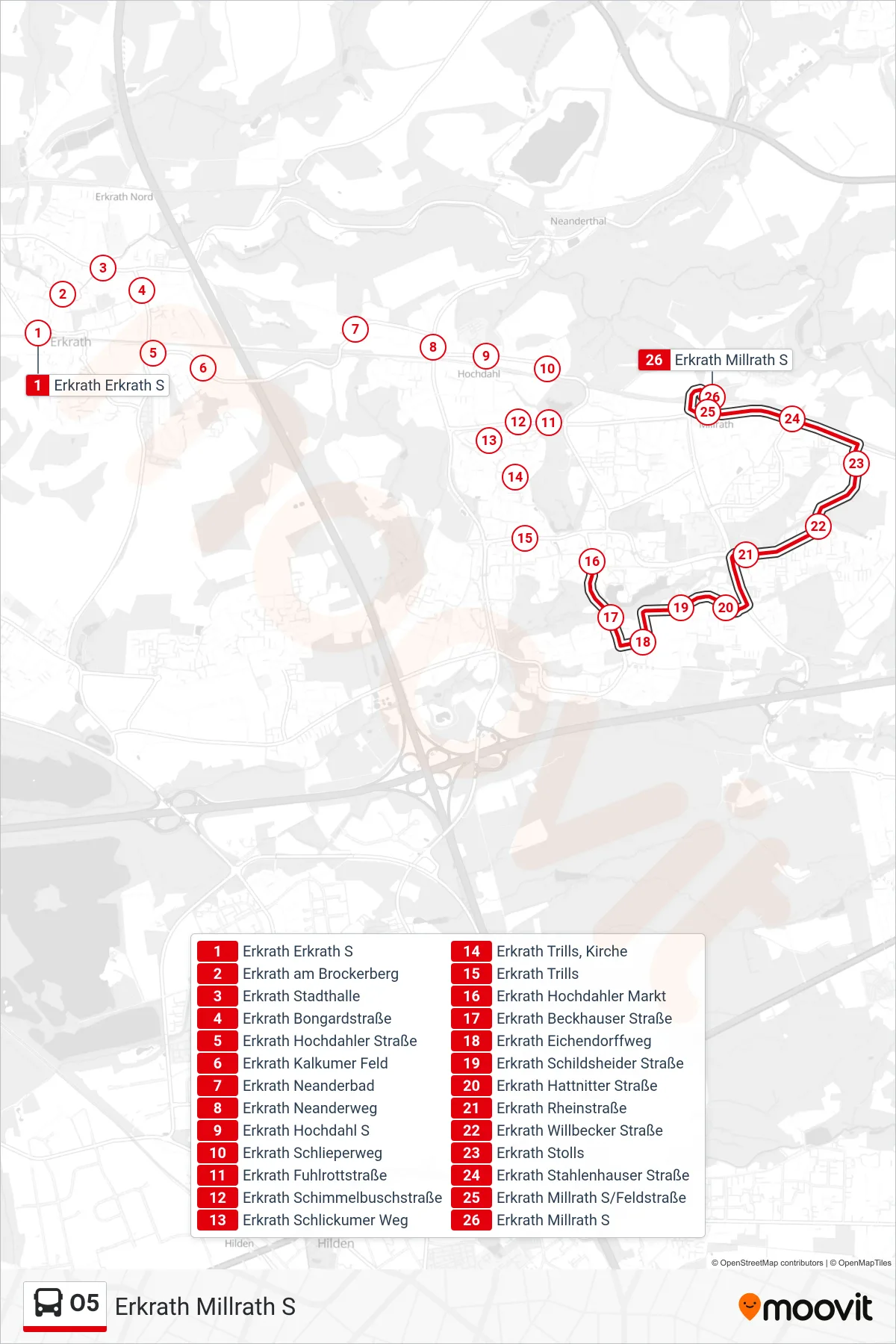 Linie O5 (Bus) Richtung Erkrath Millrath S: Route und Haltestellen auf der Karte