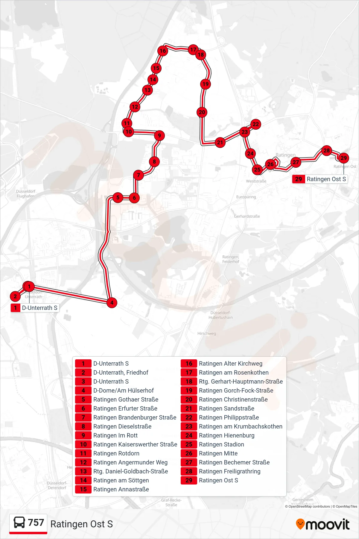 Linie 757 (Bus) Richtung Ratingen Ost S: Route und Haltestellen auf der Karte