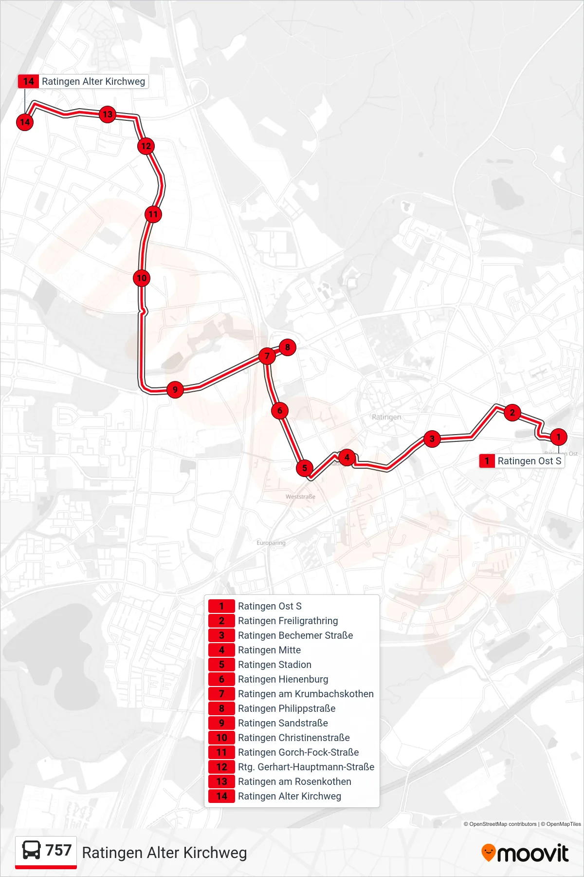 Linie 757 (Bus) Richtung Ratingen Alter Kirchweg: Route und Haltestellen auf der Karte