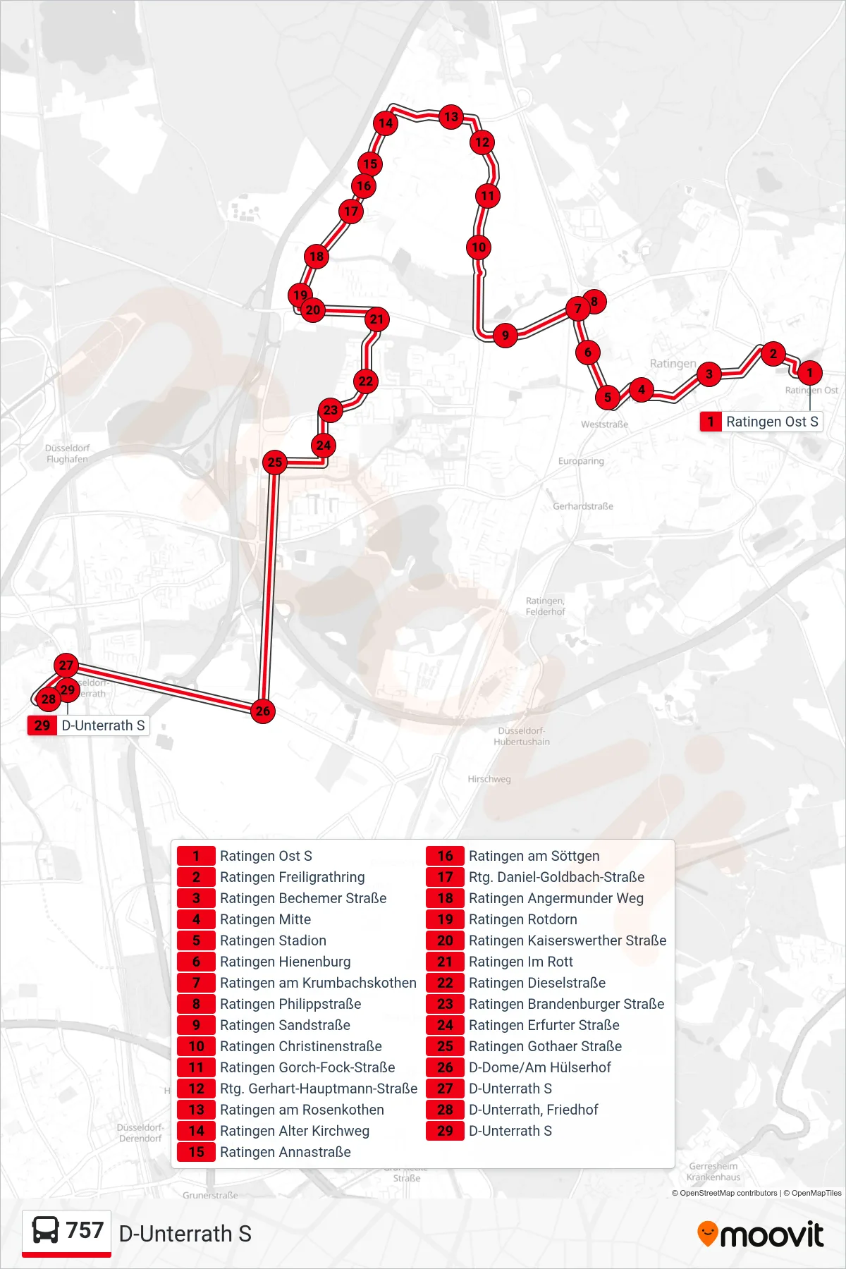 Linie 757 (Bus) Richtung D-Unterrath S: Route und Haltestellen auf der Karte