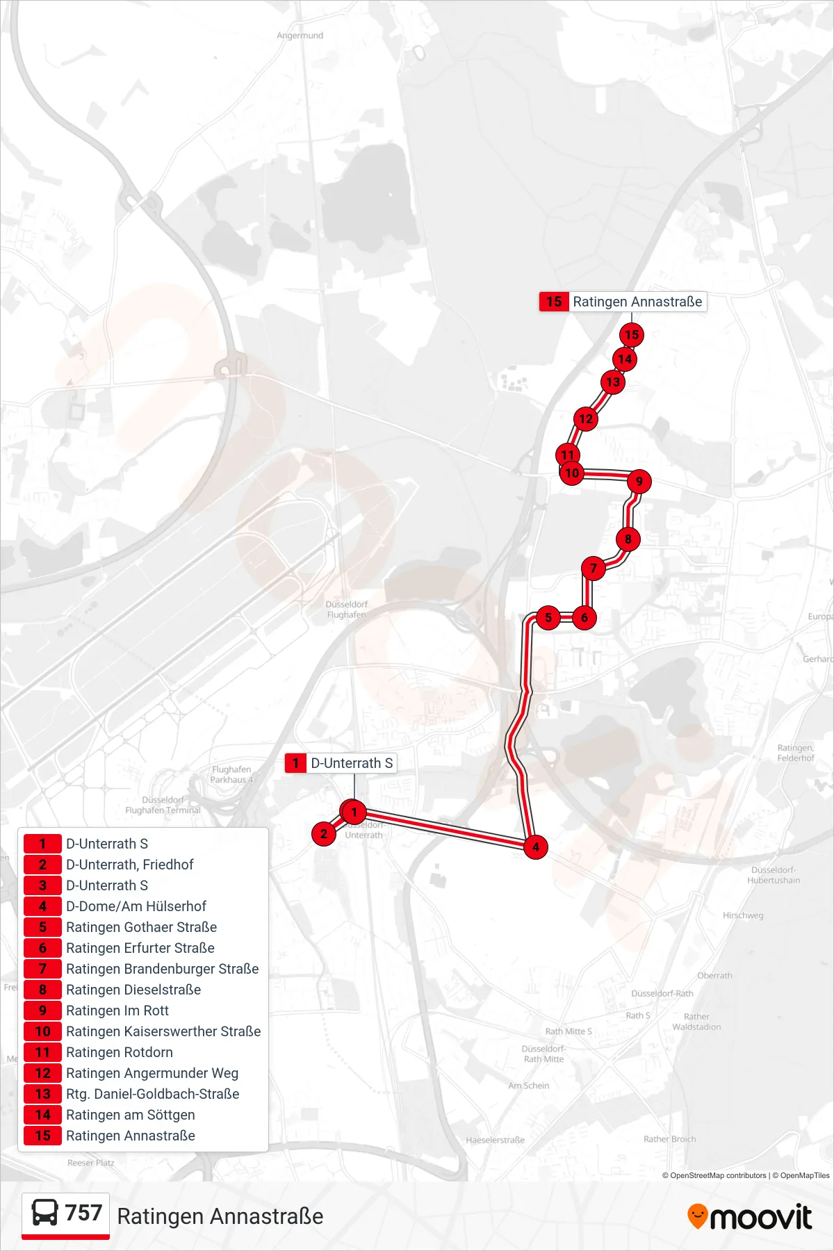 Linie 757 (Bus) Richtung Ratingen Annastraße: Route und Haltestellen auf der Karte