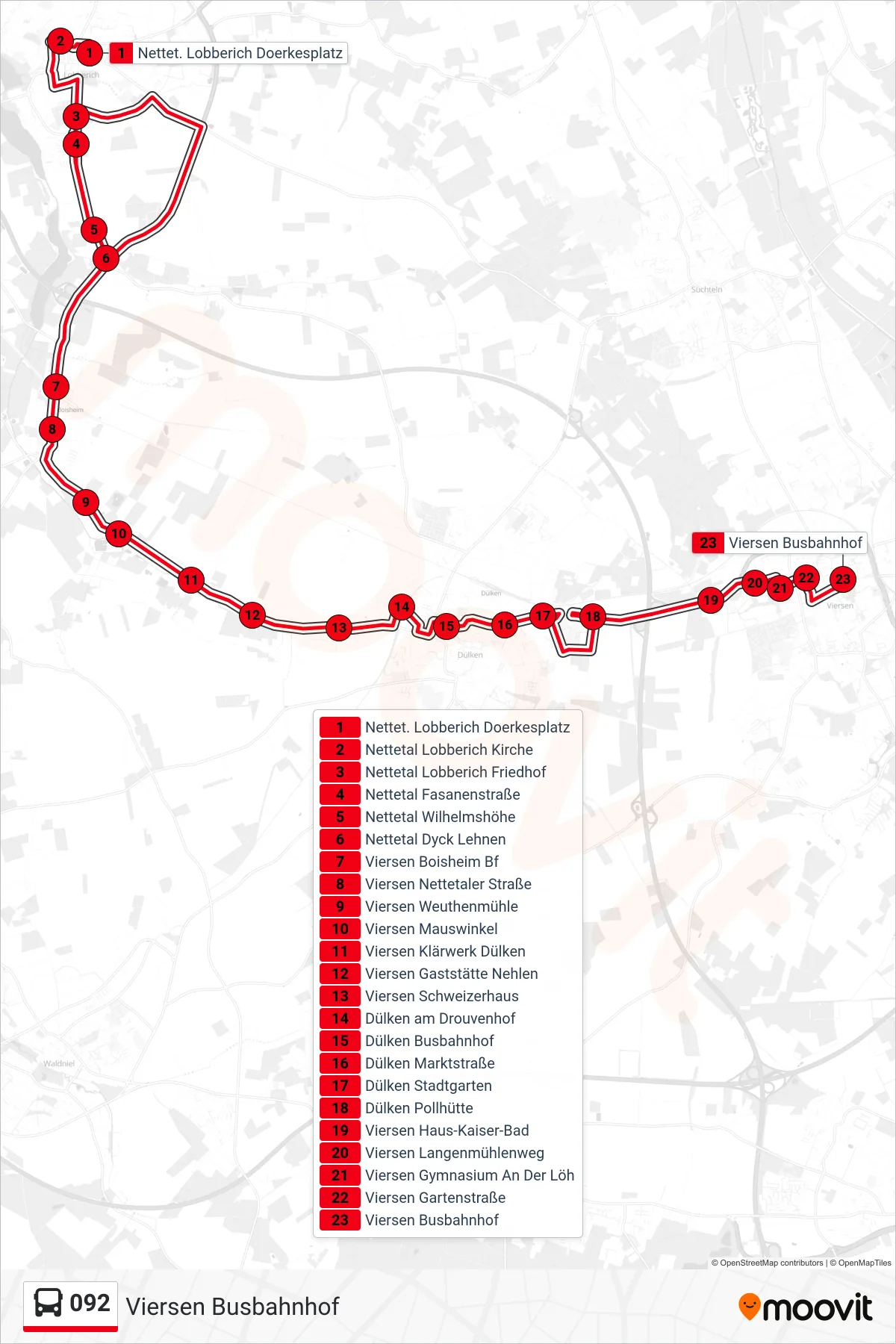 Linie 092 (Bus) Richtung Viersen Busbahnhof: Route und Haltestellen auf der Karte