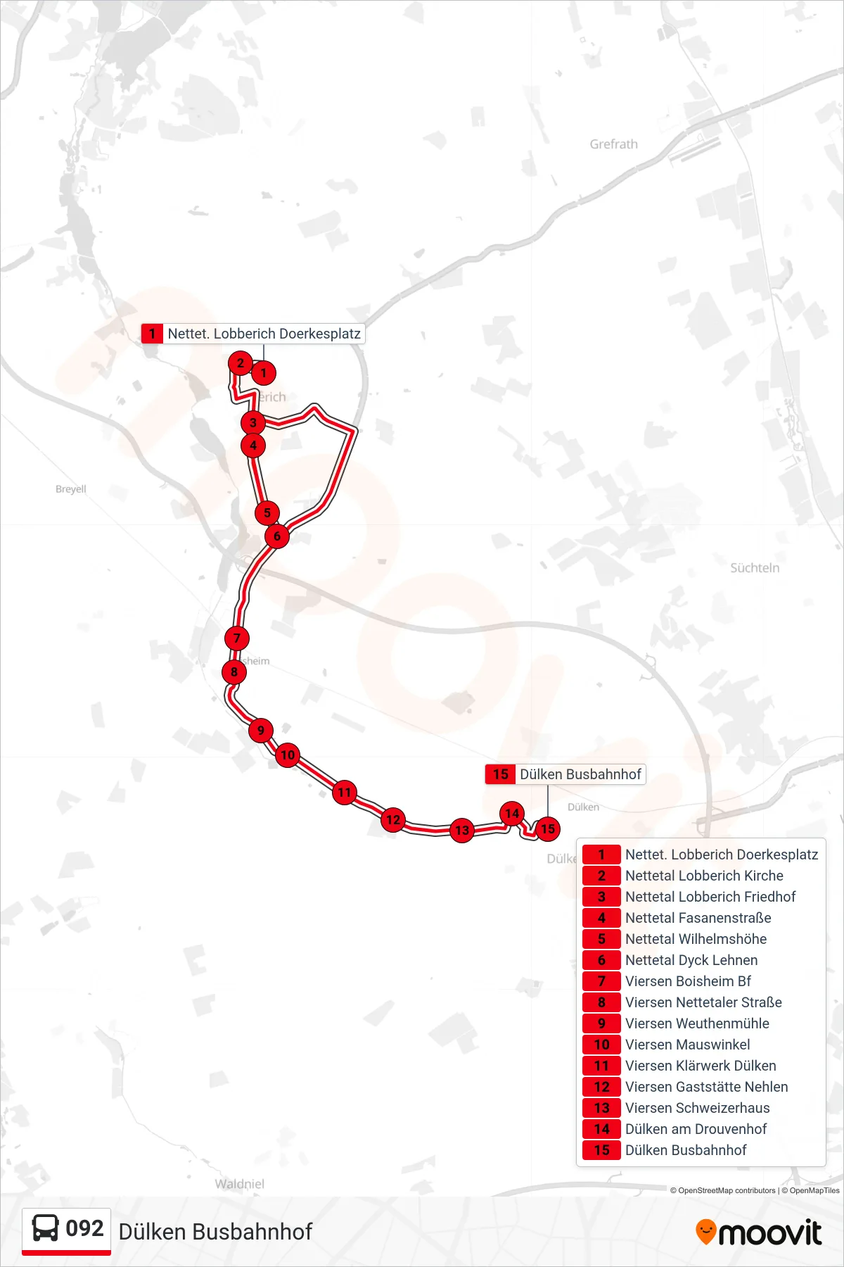 Linie 092 (Bus) Richtung Dülken Busbahnhof: Route und Haltestellen auf der Karte