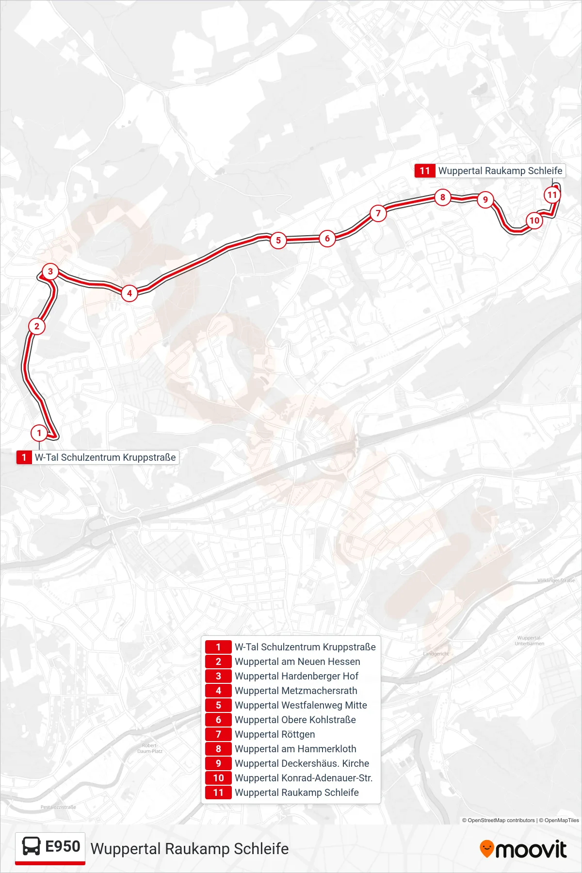 Linie E950 (Bus) Richtung Wuppertal Raukamp Schleife: Route und Haltestellen auf der Karte