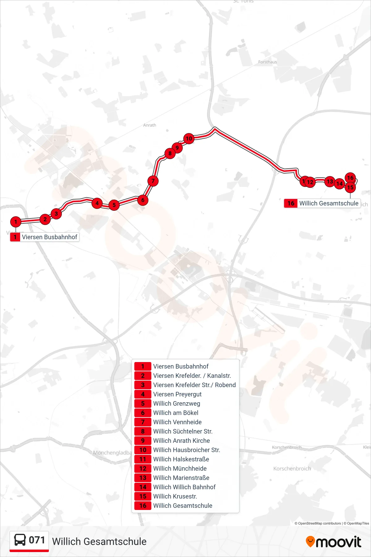071 bus Line (Willich Gesamtschule) route and stops on a map