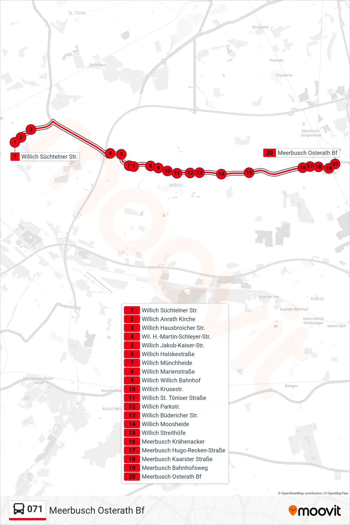071 bus Line (Meerbusch Osterath Bf) route and stops on a map