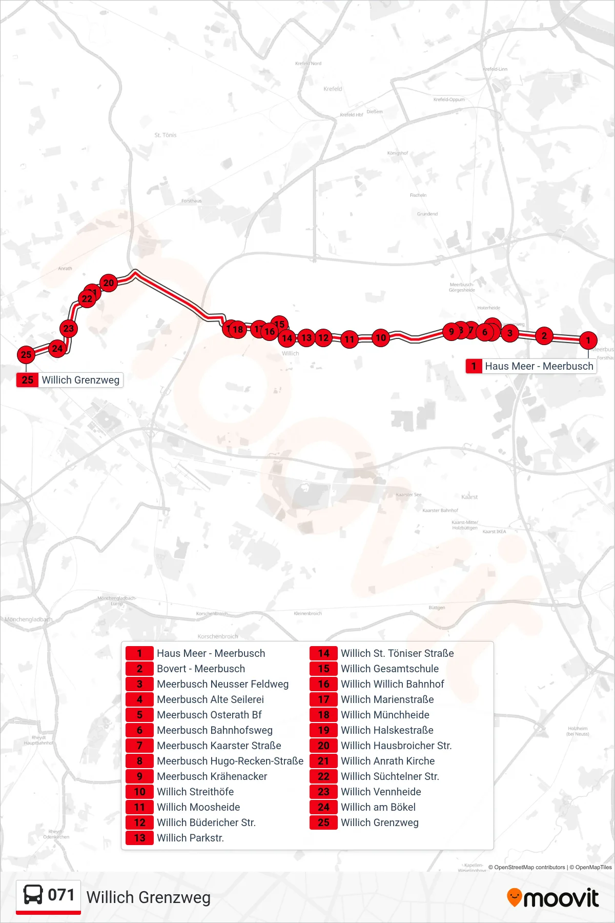 Linie 071 (Bus) Richtung Willich Grenzweg: Route und Haltestellen auf der Karte