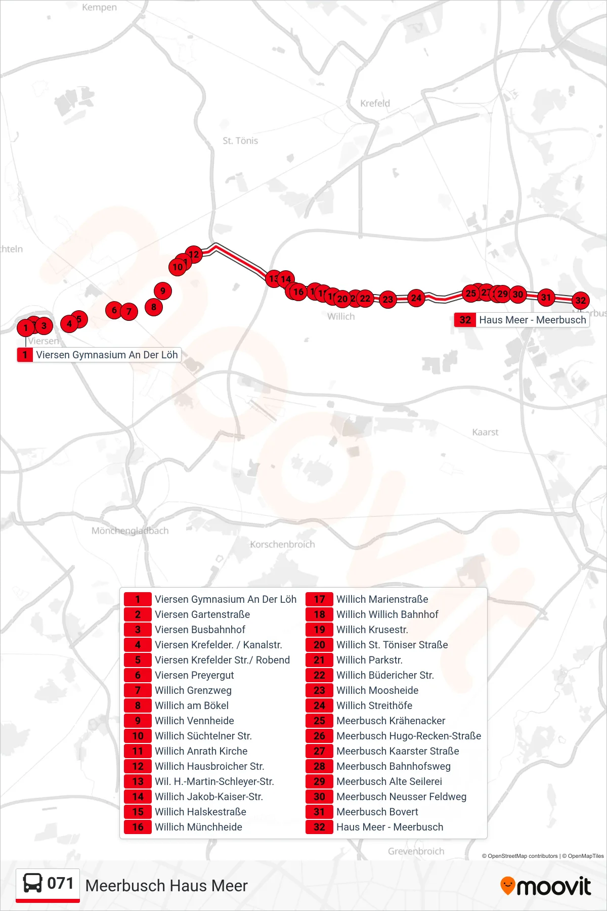 Linie 071 (Bus) Richtung Meerbusch Haus Meer: Route und Haltestellen auf der Karte