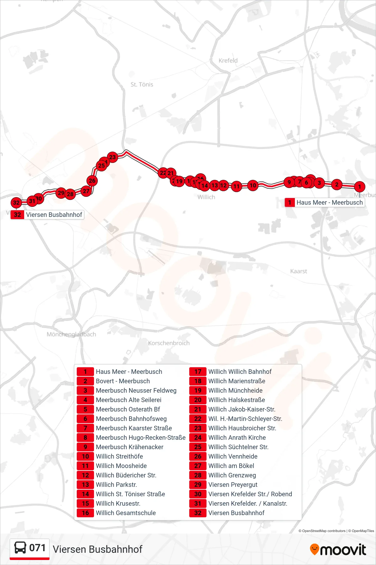Linie 071 (Bus) Richtung Viersen Busbahnhof: Route und Haltestellen auf der Karte