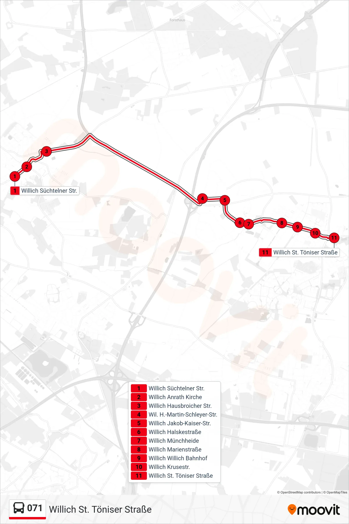 Linie 071 (Bus) Richtung Willich St. Töniser Straße: Route und Haltestellen auf der Karte