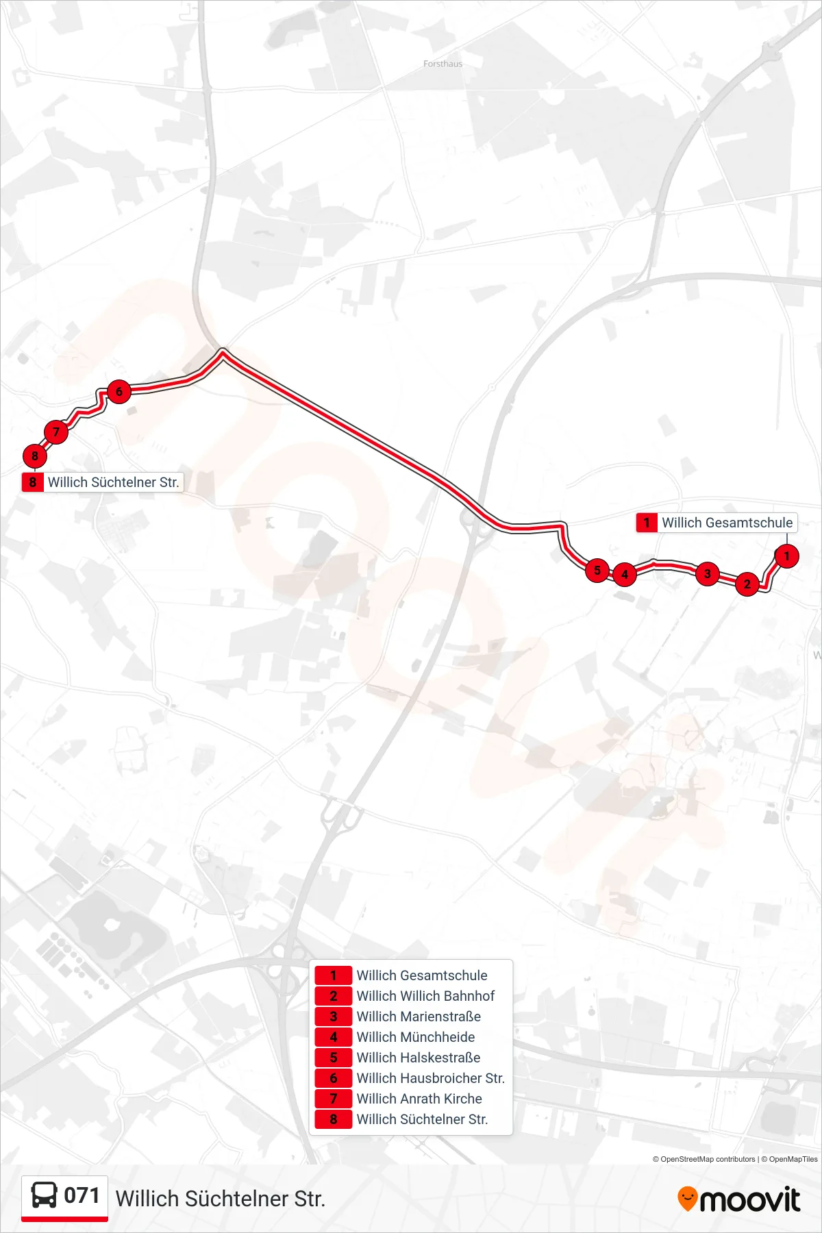Linie 071 (Bus) Richtung Willich Süchtelner Str.: Route und Haltestellen auf der Karte