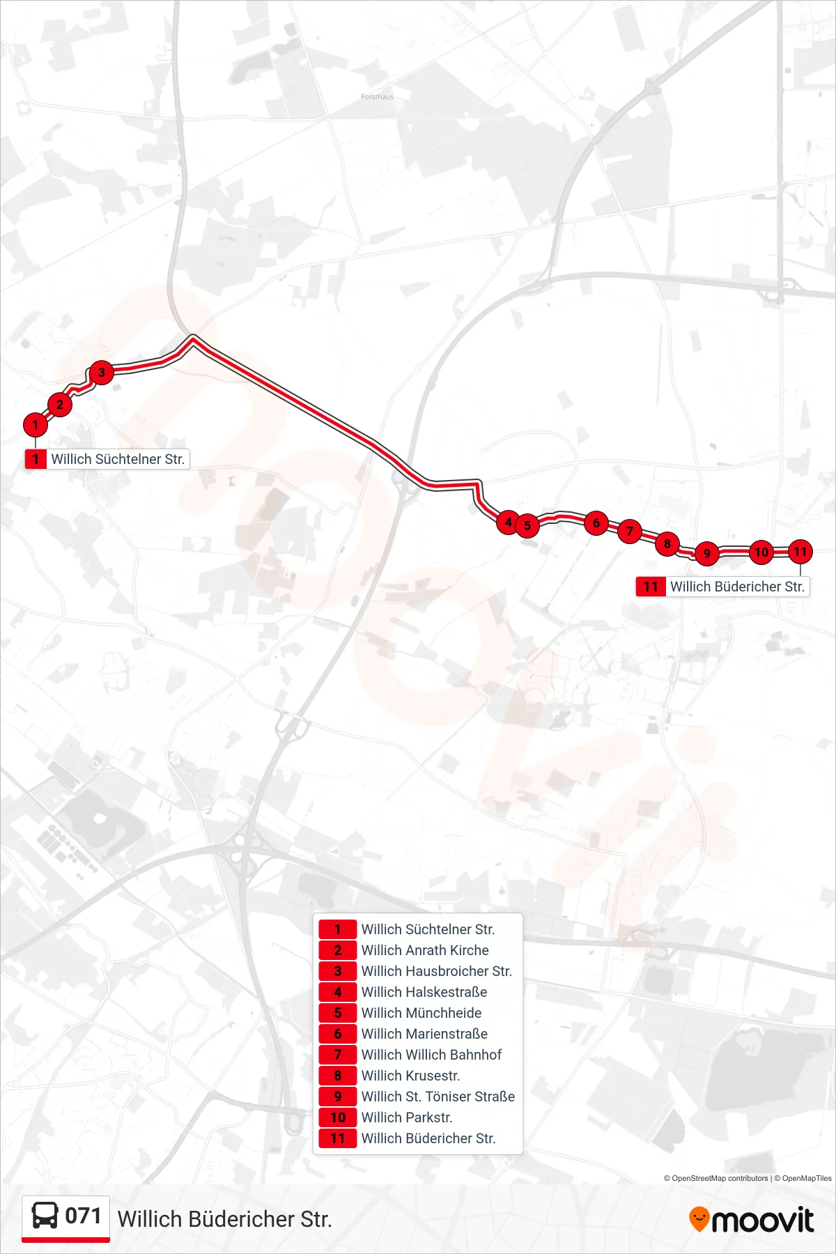 Linie 071 (Bus) Richtung Willich Büdericher Str.: Route und Haltestellen auf der Karte