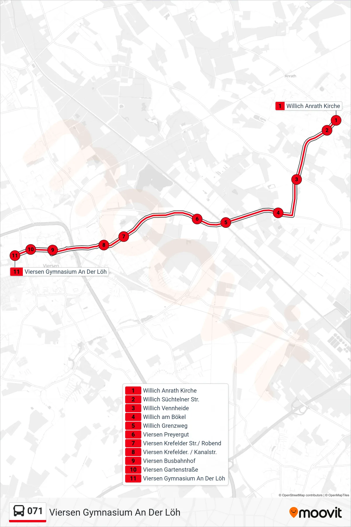 071 bus Line (Viersen Gymnasium An Der Löh) route and stops on a map