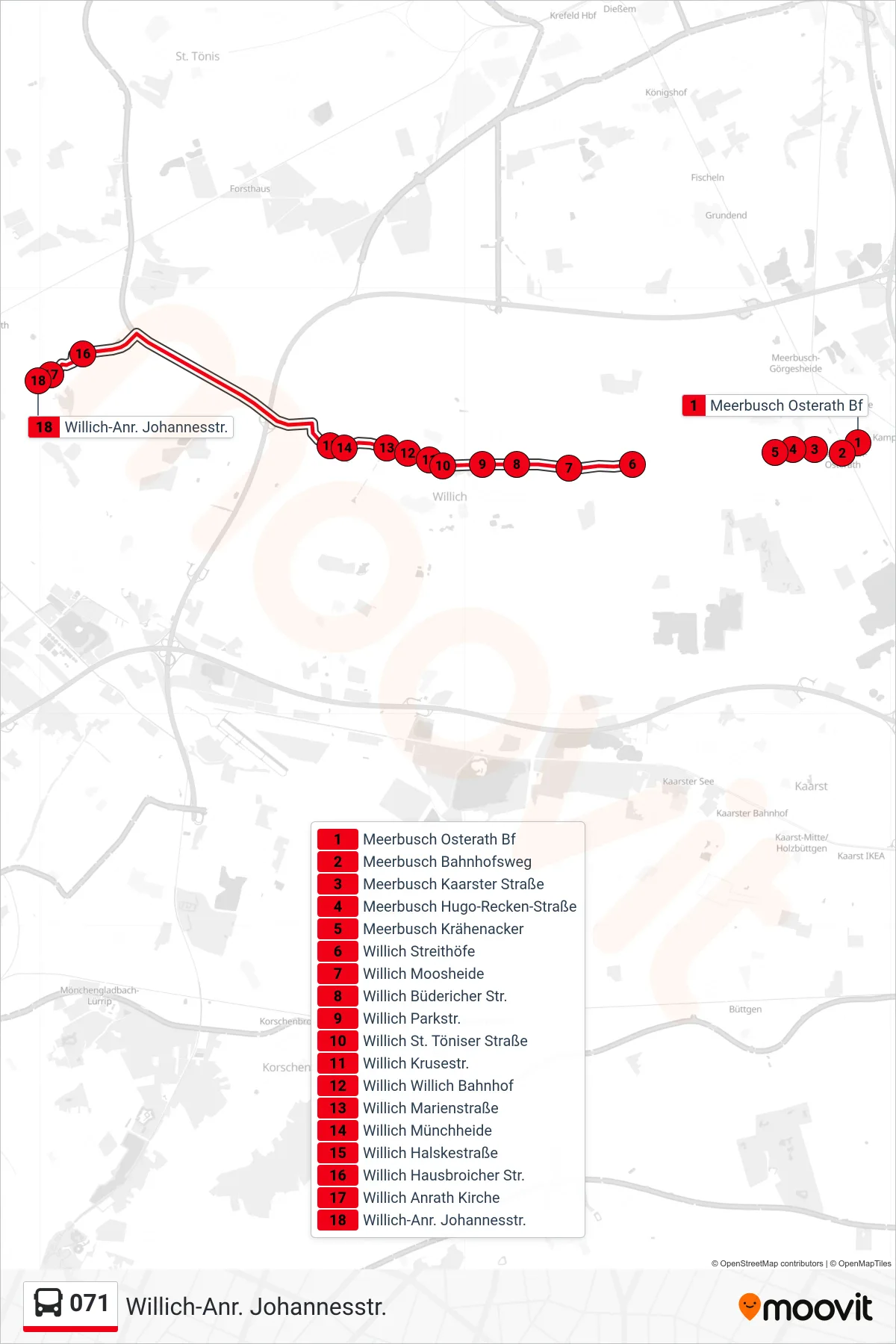 Linie 071 (Bus) Richtung Willich-Anr. Johannesstr.: Route und Haltestellen auf der Karte