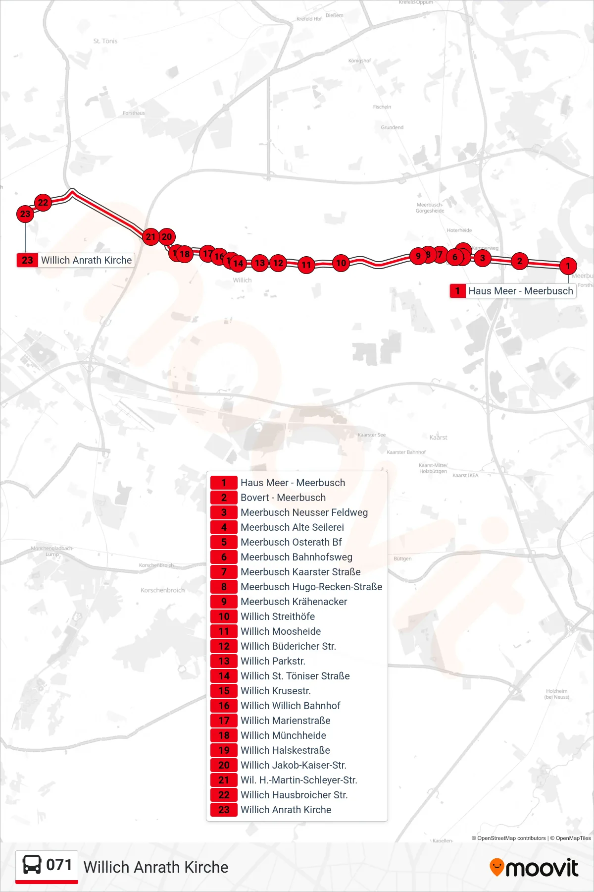 071 bus Line (Willich Anrath Kirche) route and stops on a map