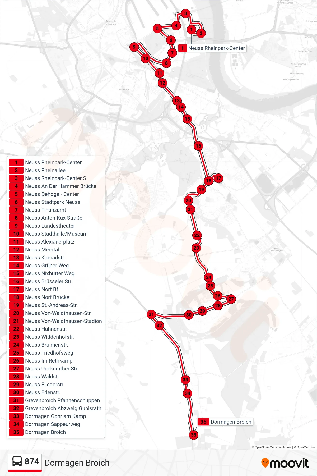 Linie 874 (Bus) Richtung Dormagen Broich: Route und Haltestellen auf der Karte