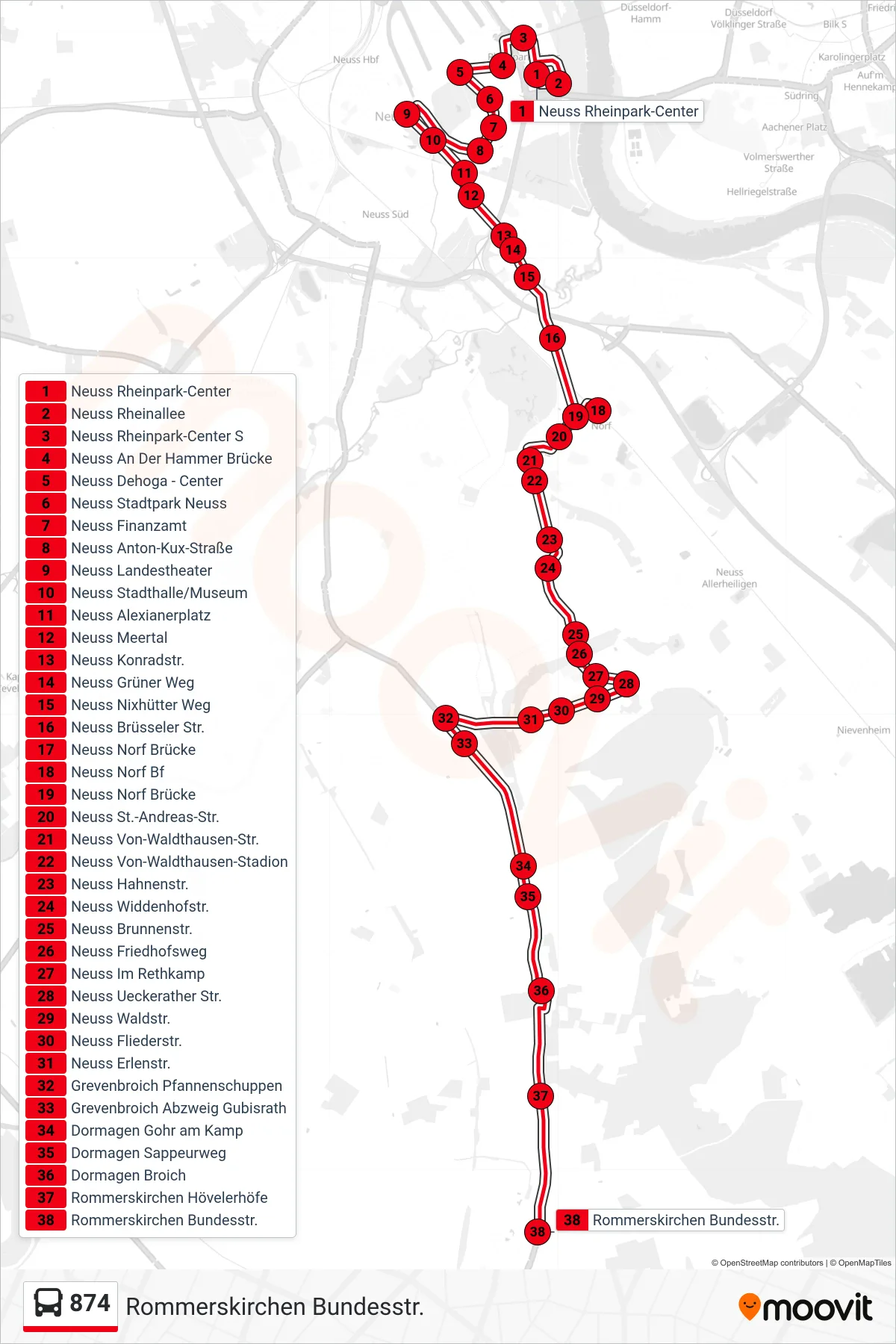 874 bus Line (Rommerskirchen Bundesstr.) route and stops on a map