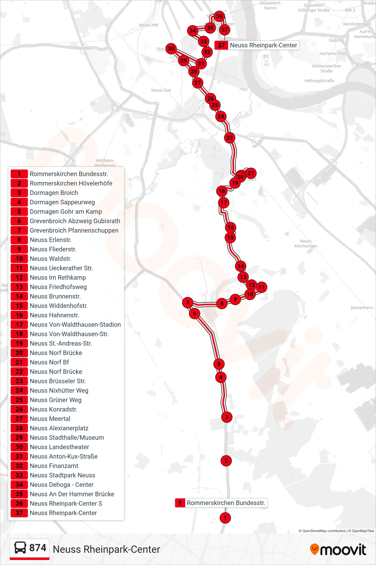 874 bus Line (Neuss Rheinpark-Center) route and stops on a map