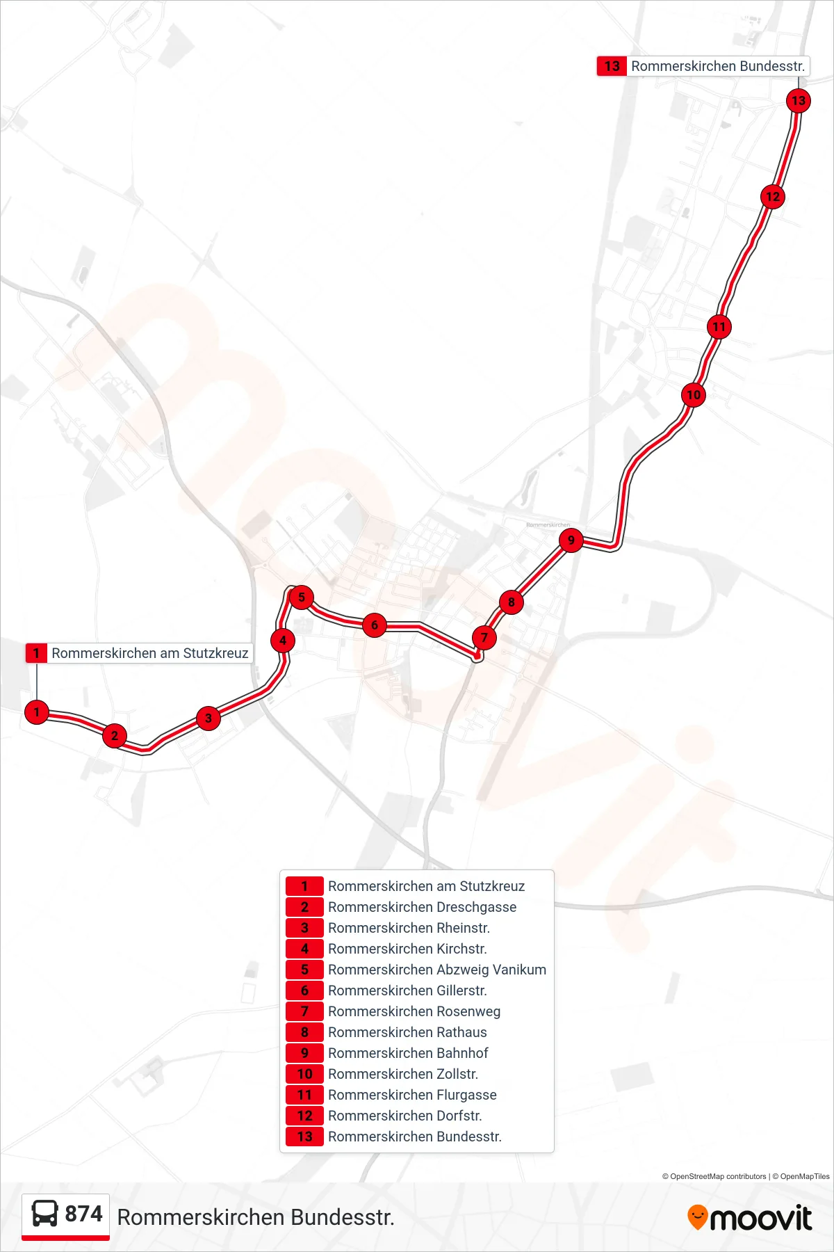 Linie 874 (Bus) Richtung Rommerskirchen Bundesstr.: Route und Haltestellen auf der Karte