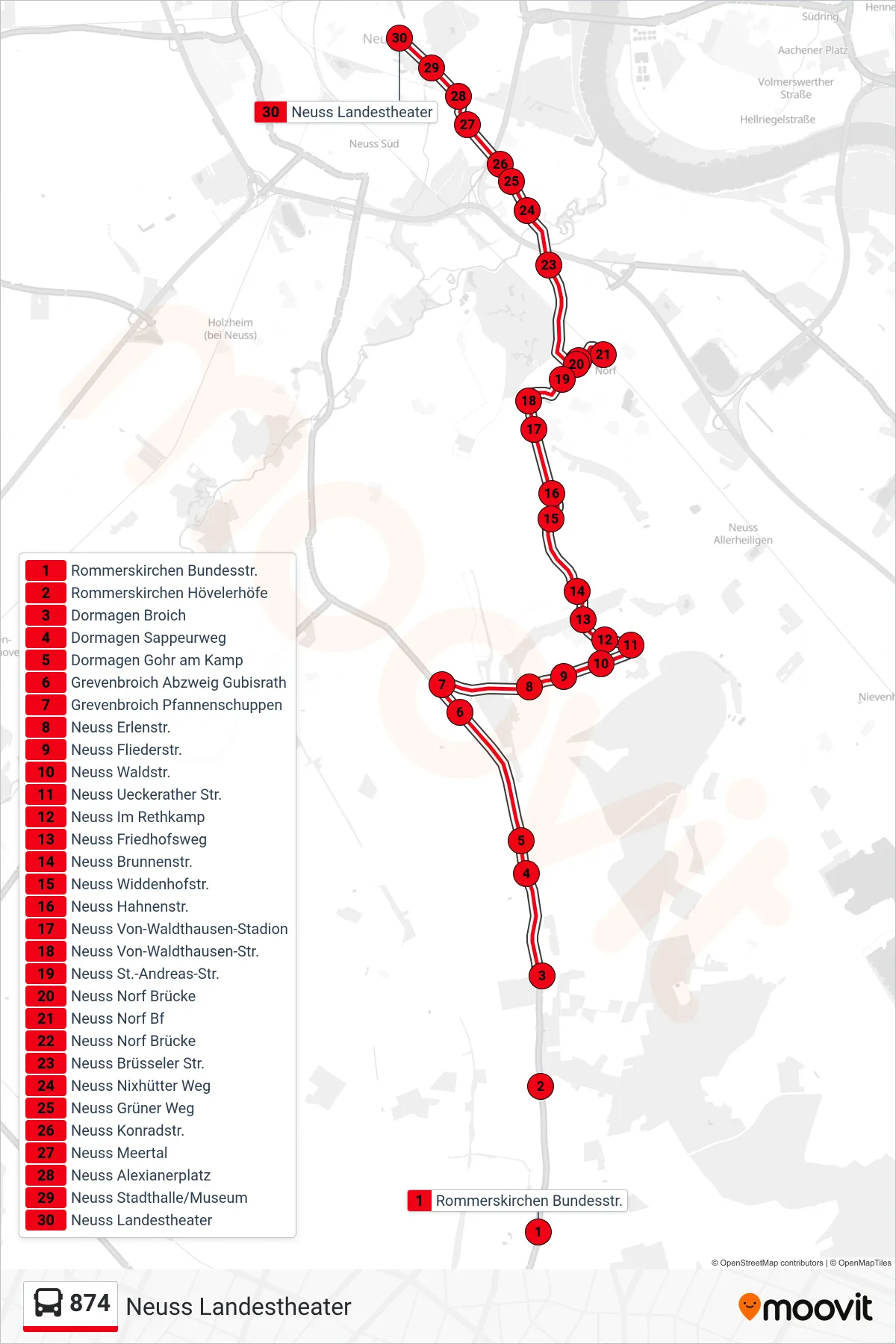 Linie 874 (Bus) Richtung Neuss Landestheater: Route und Haltestellen auf der Karte