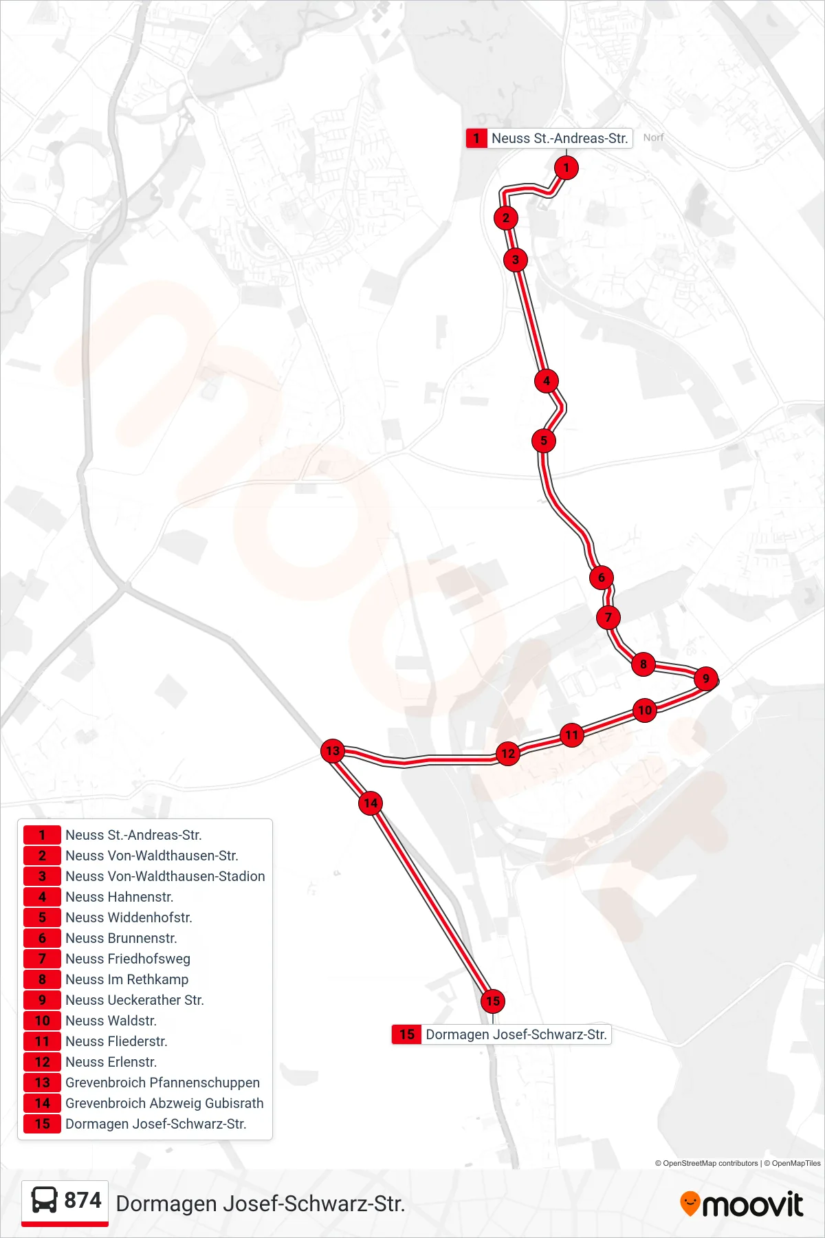 874 bus Line (Dormagen Josef-Schwarz-Str.) route and stops on a map