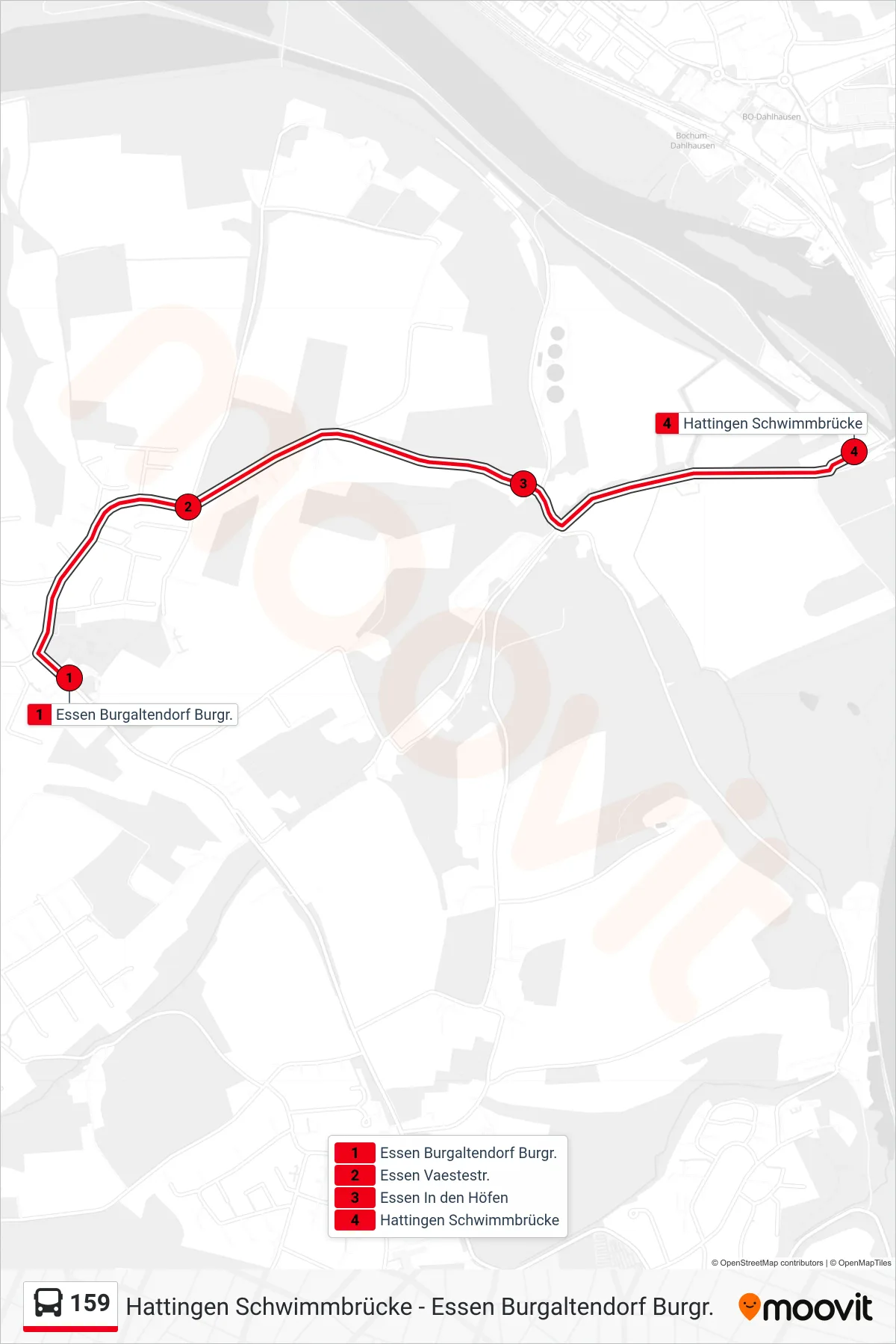 Linie 159 (Bus) Richtung Hattingen Schwimmbrücke: Route und Haltestellen auf der Karte