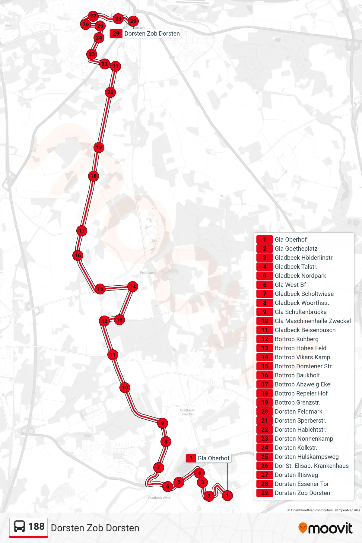 Linie 188 (Bus) Richtung Dorsten Zob Dorsten: Route und Haltestellen auf der Karte