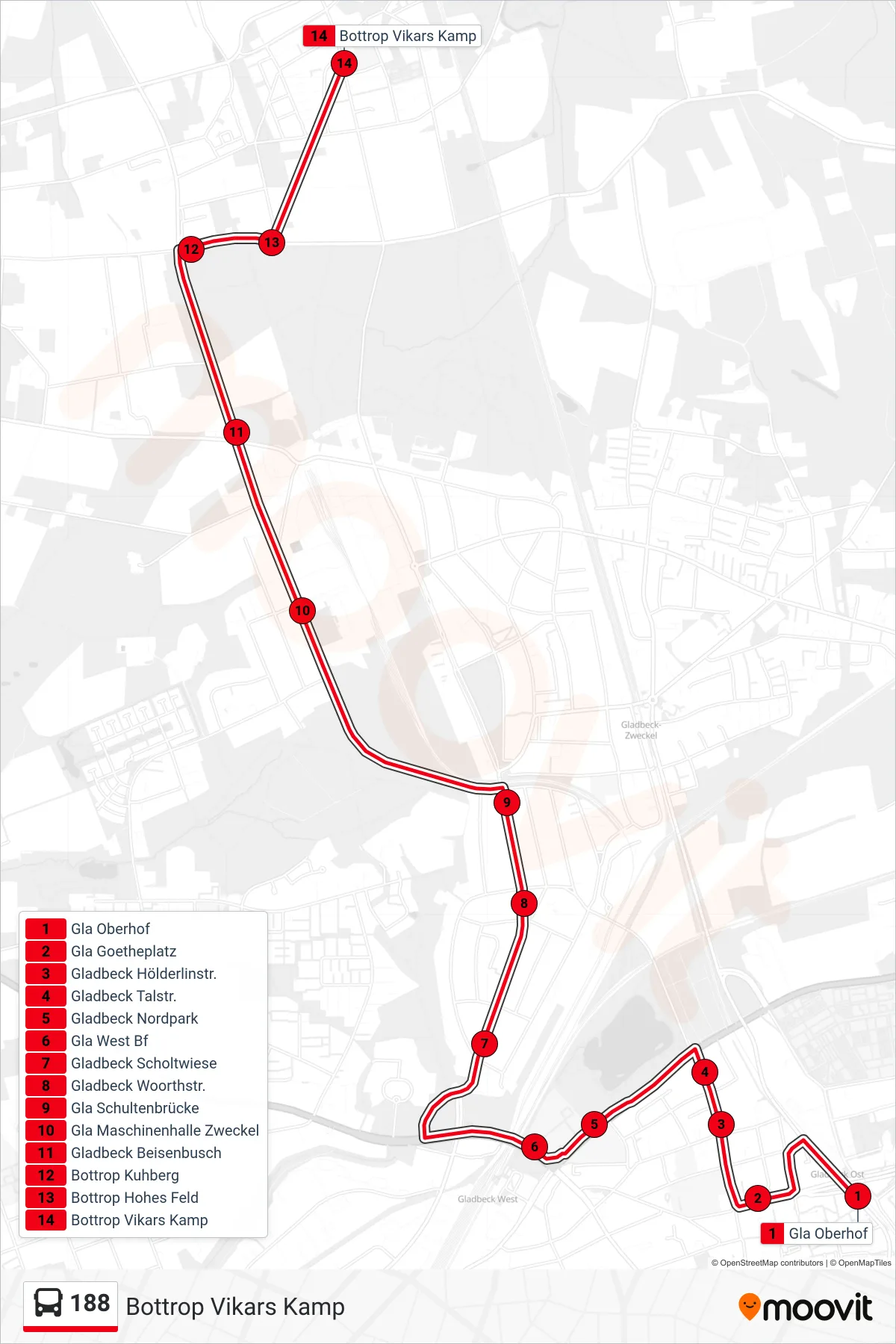 Linie 188 (Bus) Richtung Bottrop Vikars Kamp: Route und Haltestellen auf der Karte