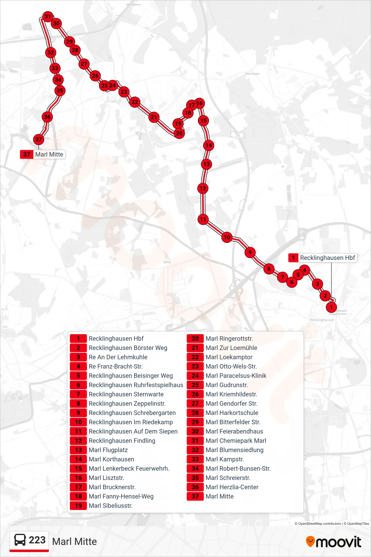 Linie 223 (Bus) Richtung Marl Mitte: Route und Haltestellen auf der Karte