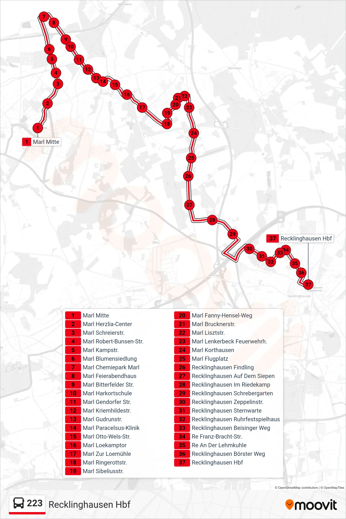 Linie 223 (Bus) Richtung Recklinghausen Hbf: Route und Haltestellen auf der Karte