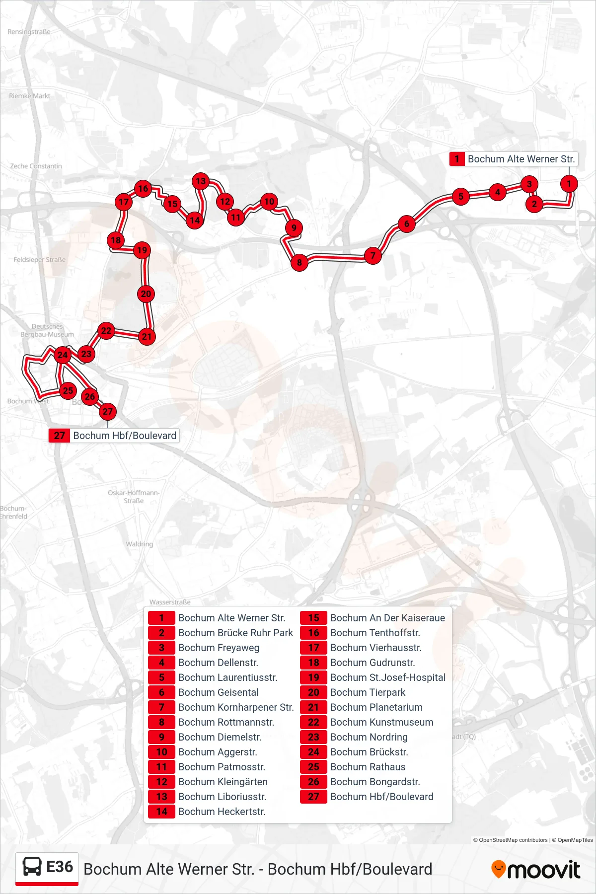 Linie E36 (Bus) Richtung Bochum Hbf/Boulevard: Route und Haltestellen auf der Karte