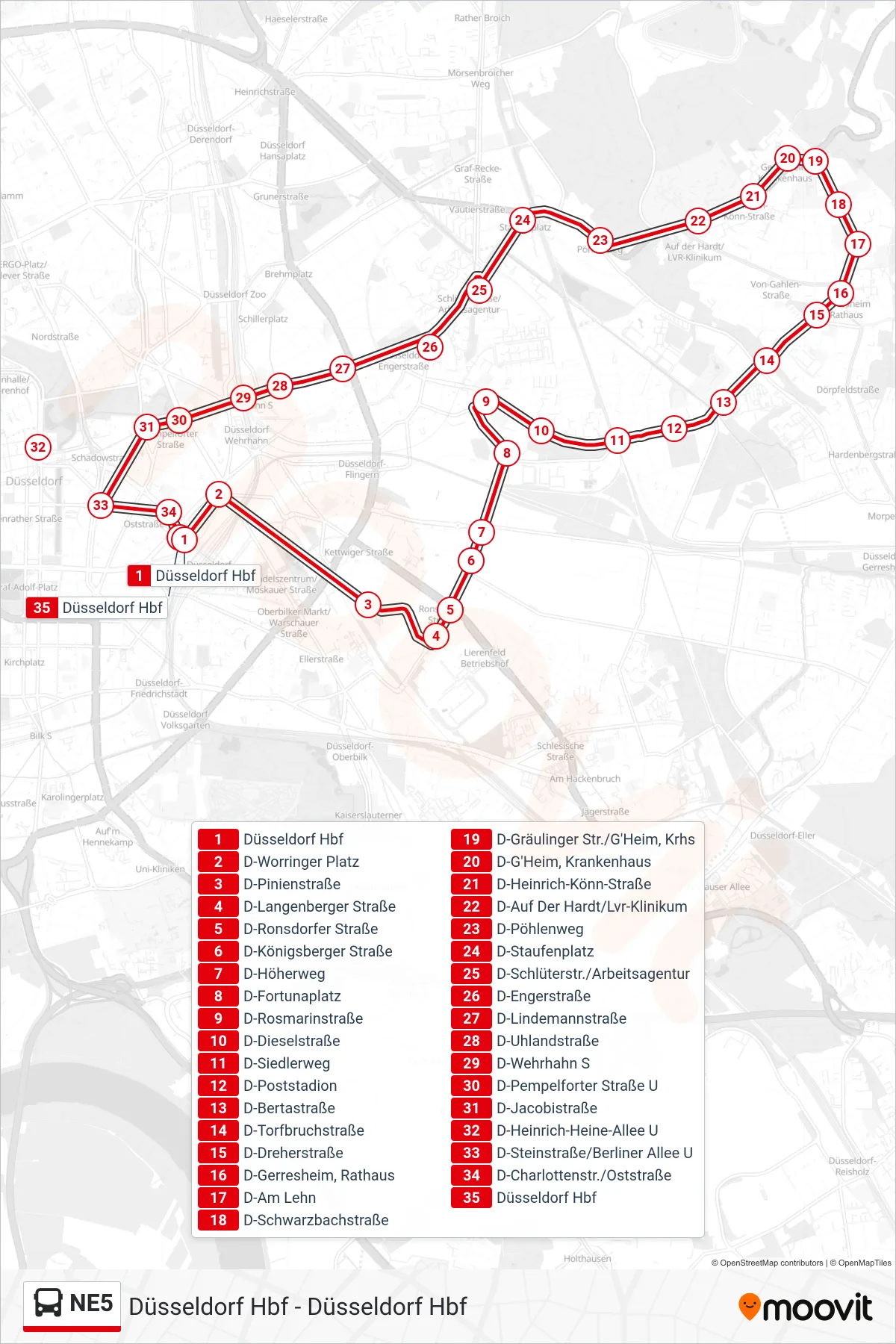 Linie NE5 (Bus) Richtung Düsseldorf Hbf: Route und Haltestellen auf der Karte
