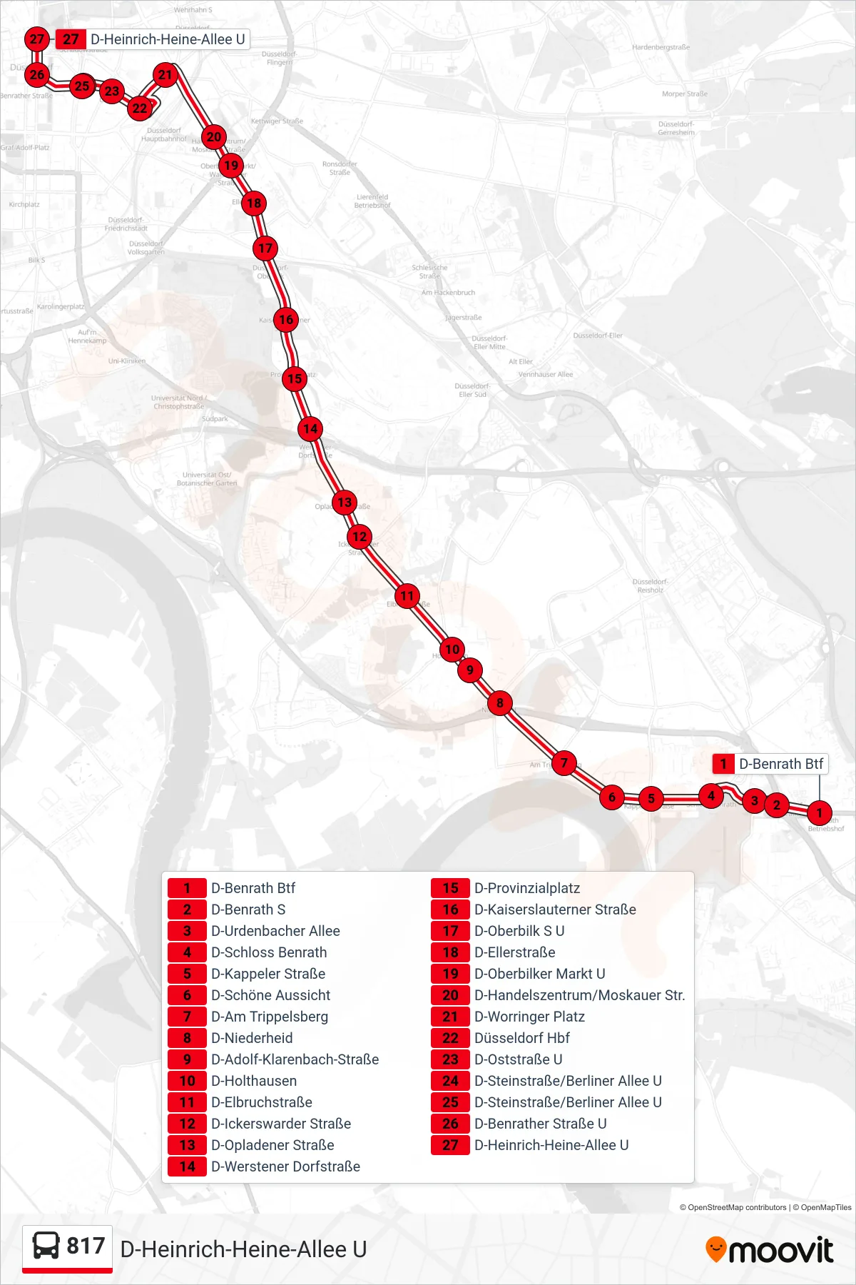 Linie 817 (Bus) Richtung D-Heinrich-Heine-Allee U: Route und Haltestellen auf der Karte