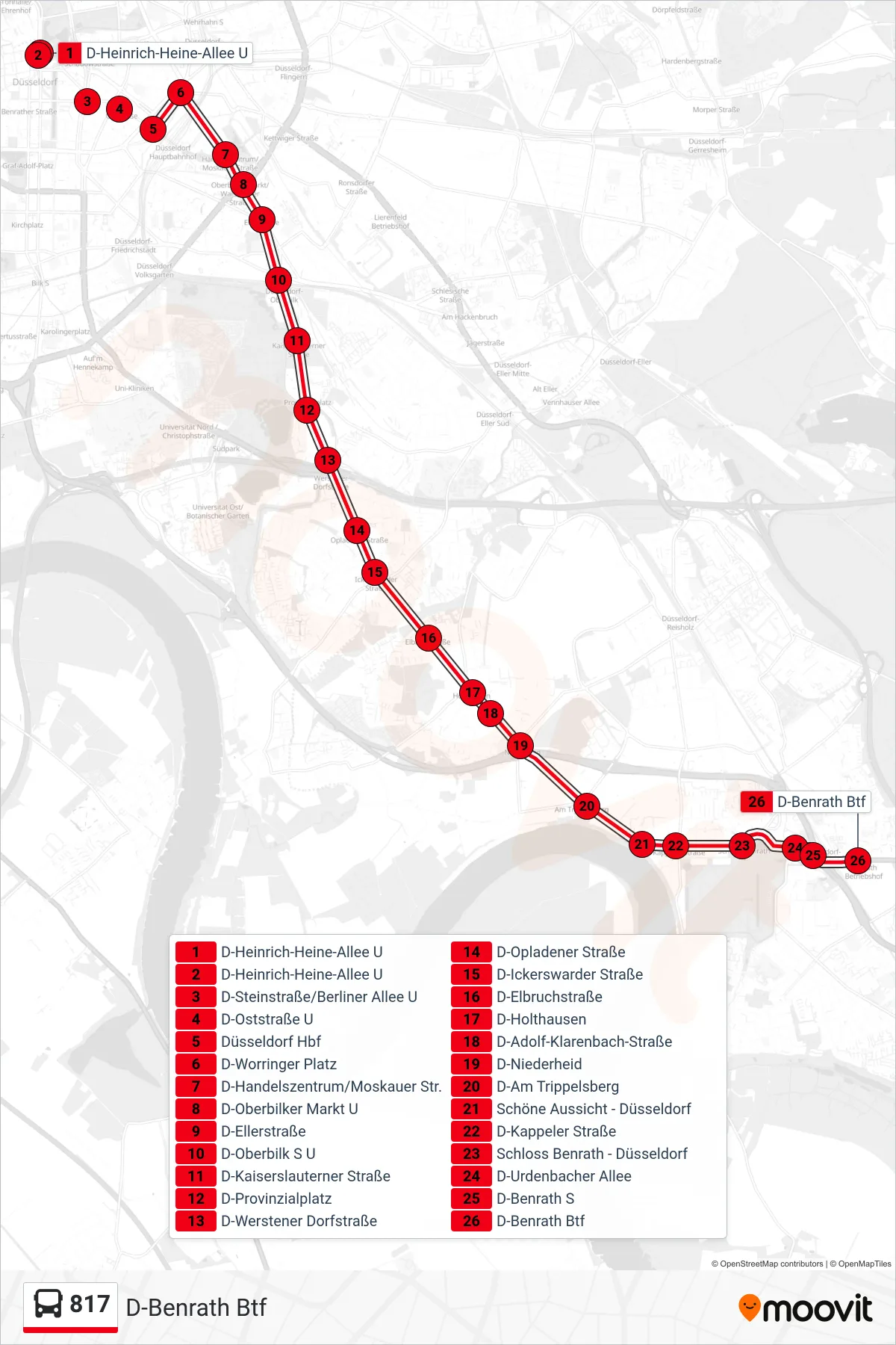Linie 817 (Bus) Richtung D-Benrath Btf: Route und Haltestellen auf der Karte