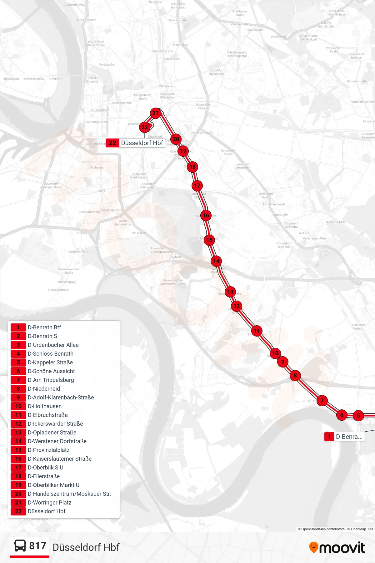 Linie 817 (Bus) Richtung Düsseldorf Hbf: Route und Haltestellen auf der Karte