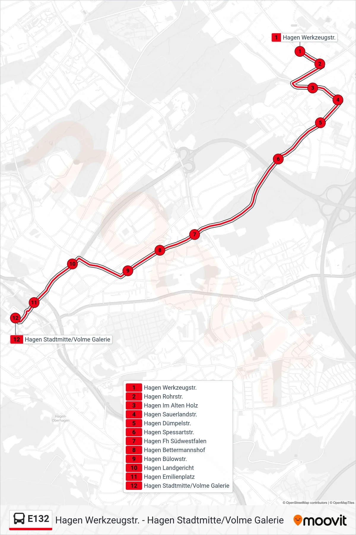Linie E132 (Bus) Richtung Hagen Stadtmitte/Volme Galerie: Route und Haltestellen auf der Karte