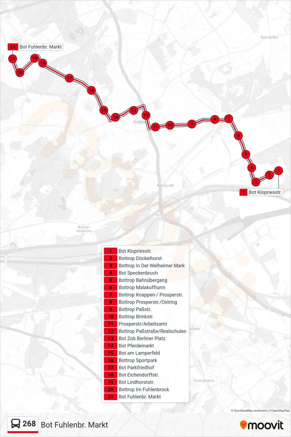268 bus Line (Bot Fuhlenbr. Markt) route and stops on a map