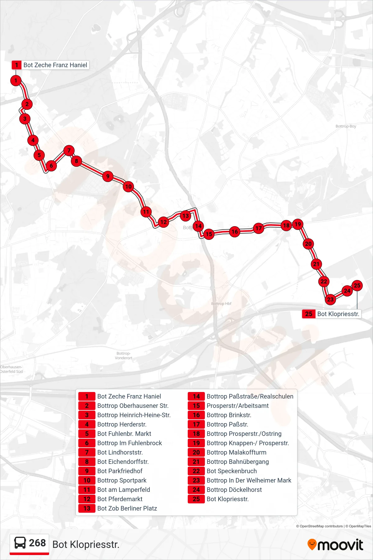 268 bus Line (Bot Klopriesstr.) route and stops on a map