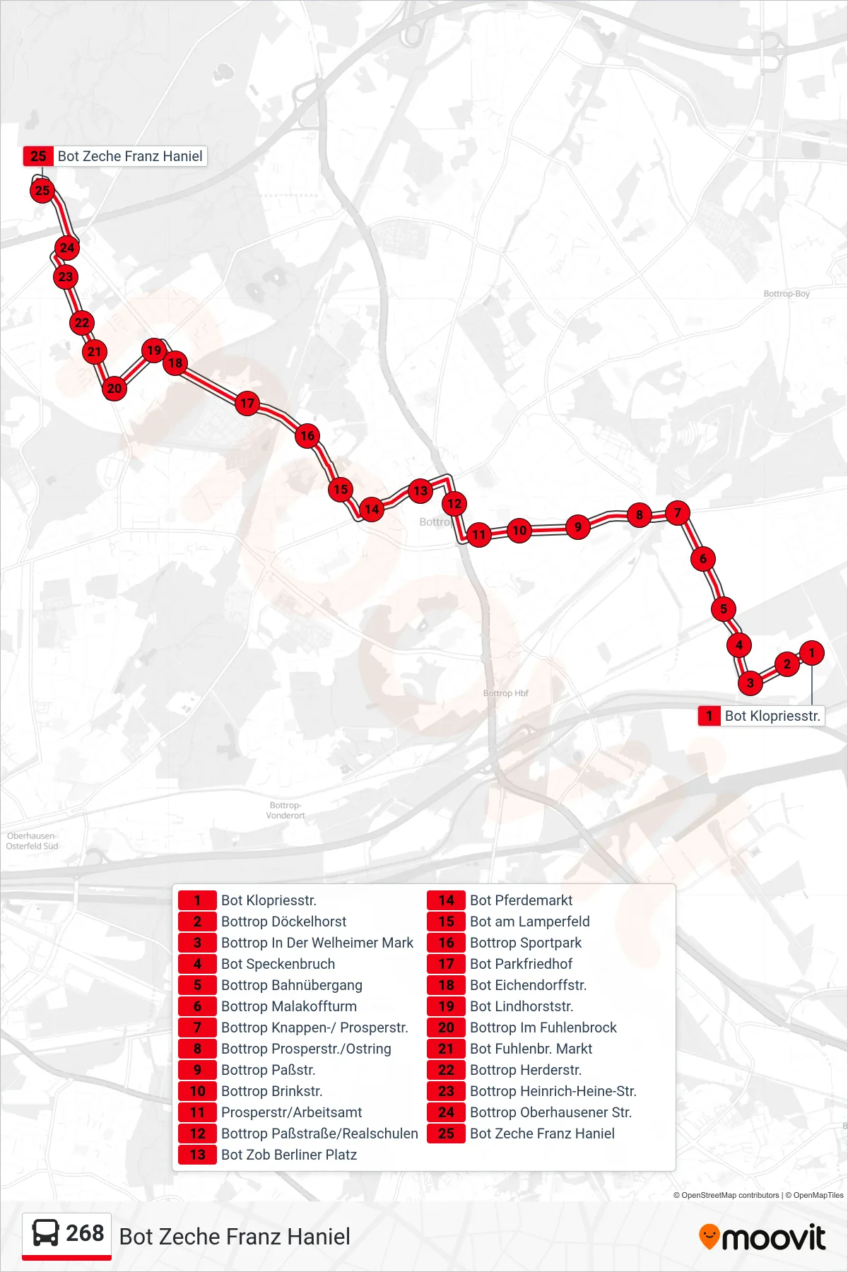 Linie 268 (Bus) Richtung Bot Zeche Franz Haniel: Route und Haltestellen auf der Karte