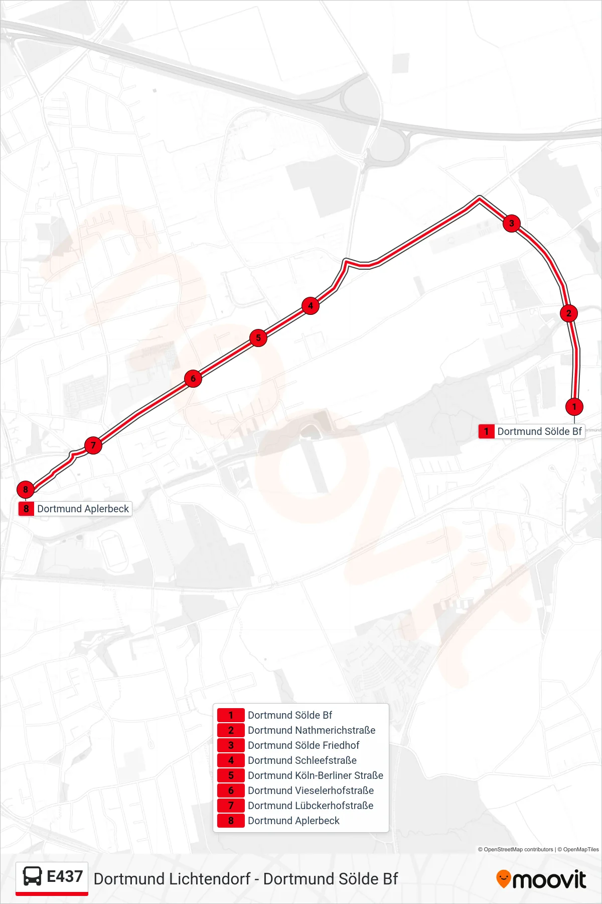 E437 bus Line (Dortmund Aplerbeck) route and stops on a map