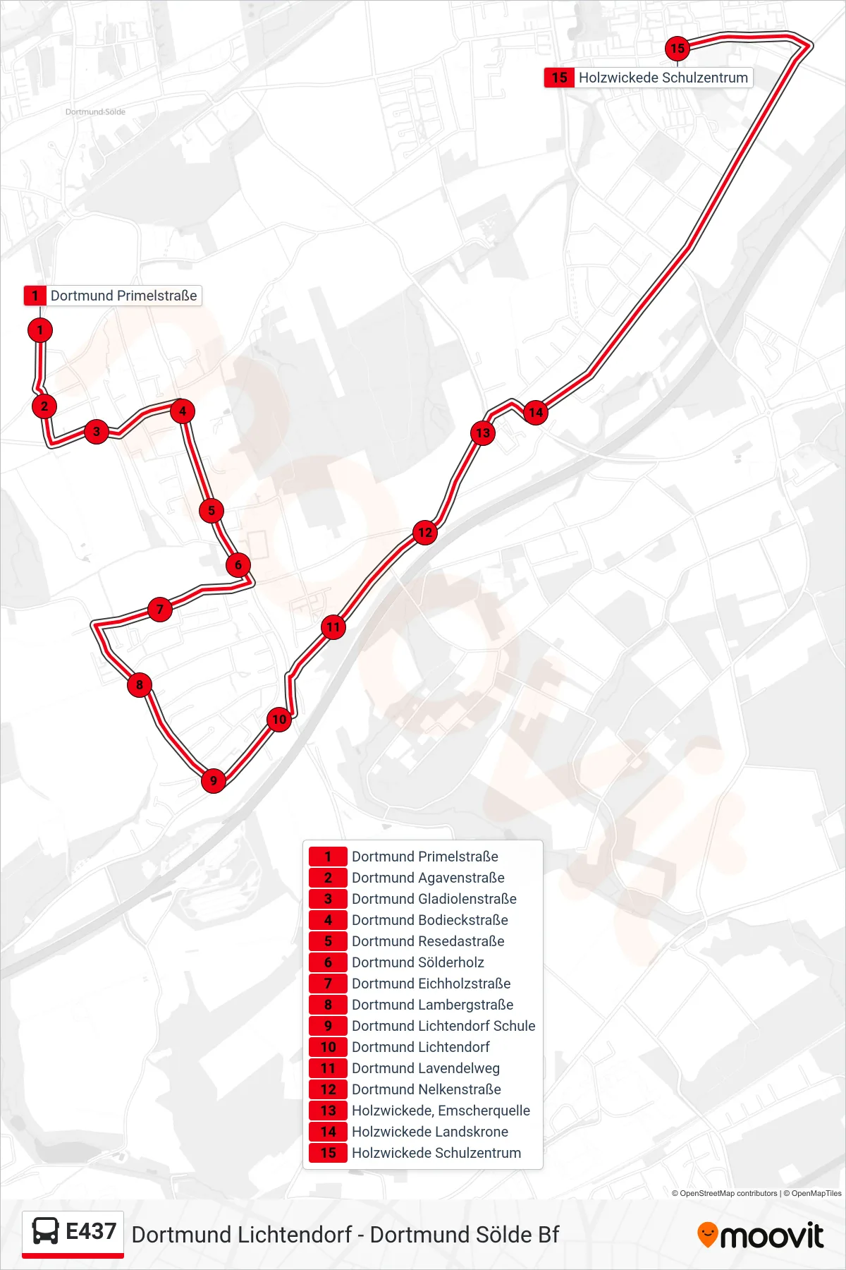 Linie E437 (Bus) Richtung Holzwickede Schulzentrum: Route und Haltestellen auf der Karte