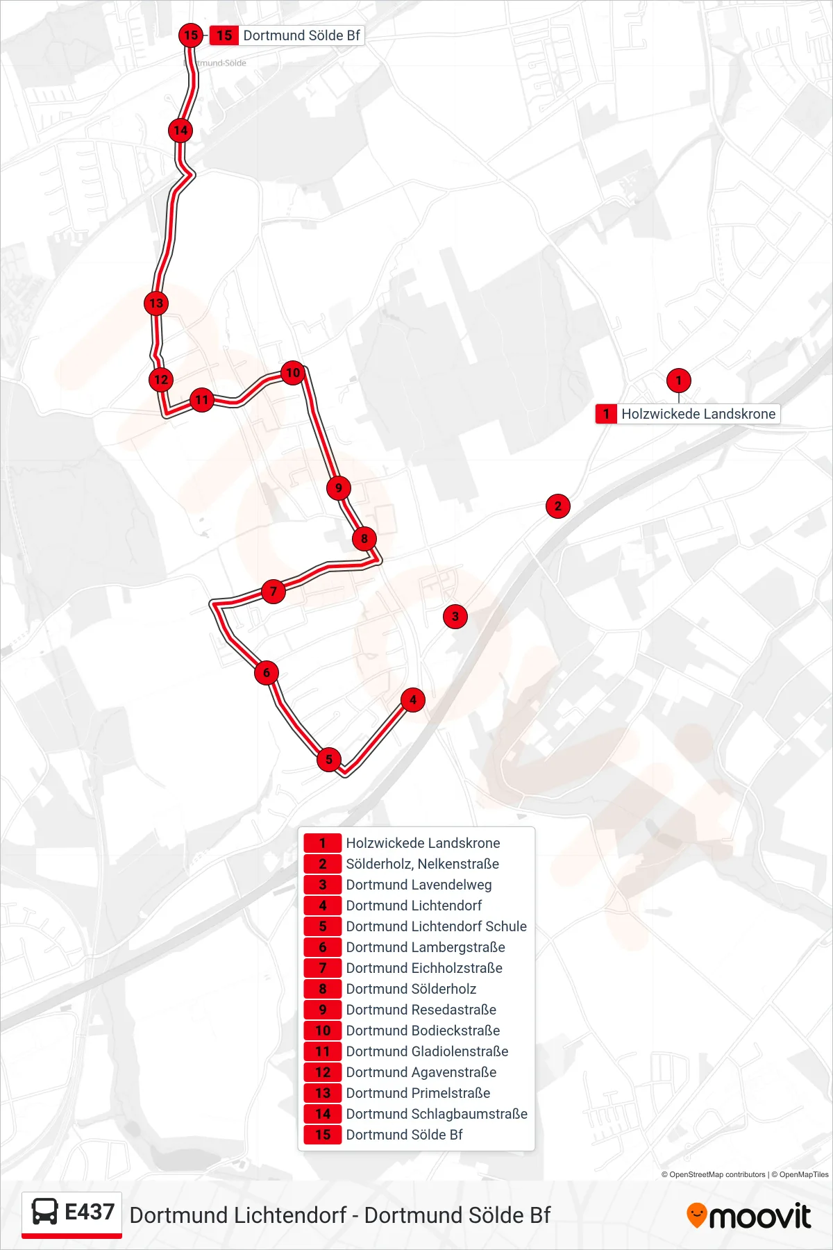 Linie E437 (Bus) Richtung Dortmund Sölde Bf: Route und Haltestellen auf der Karte