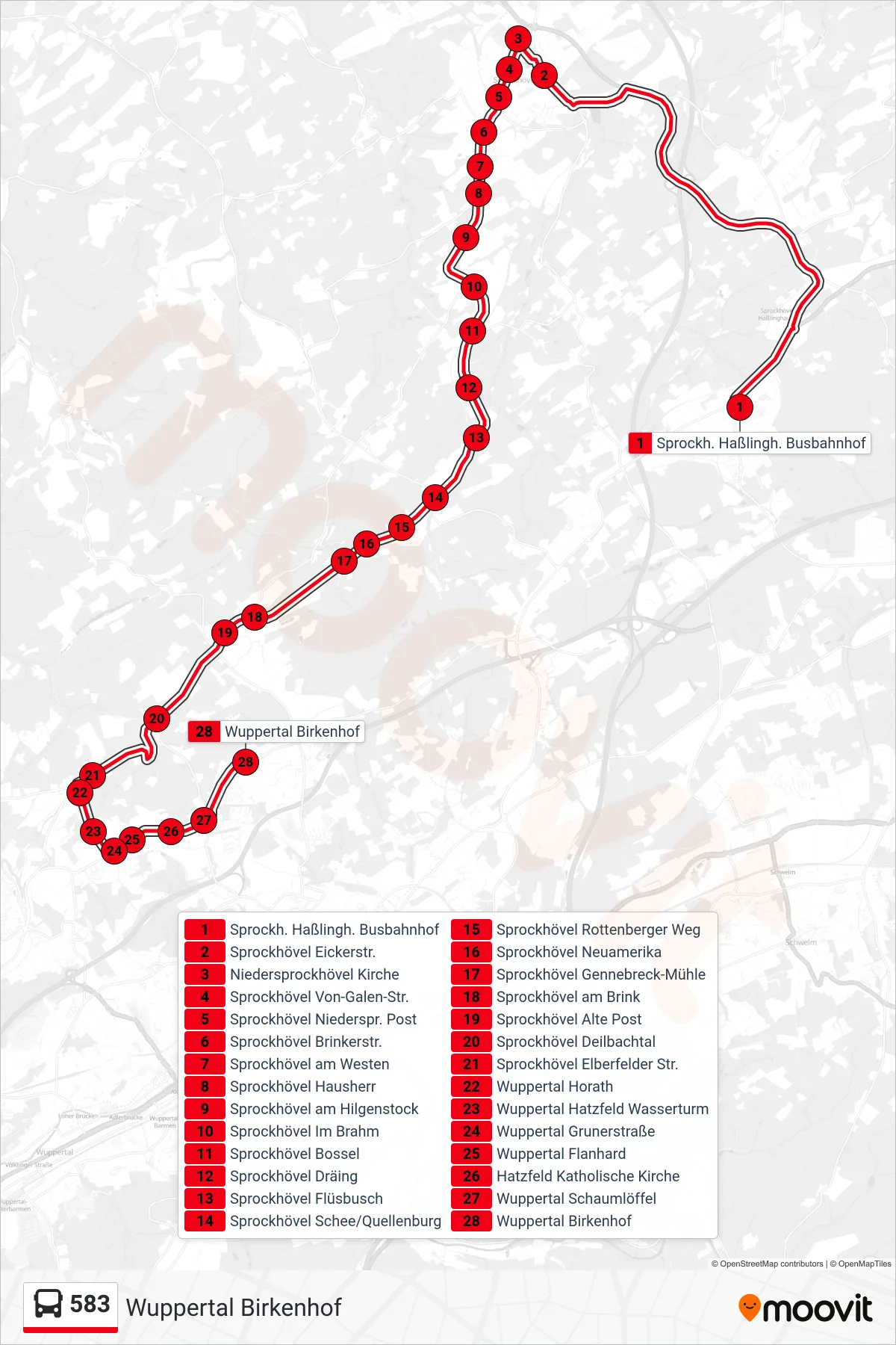 583 bus Line (Wuppertal Birkenhof) route and stops on a map