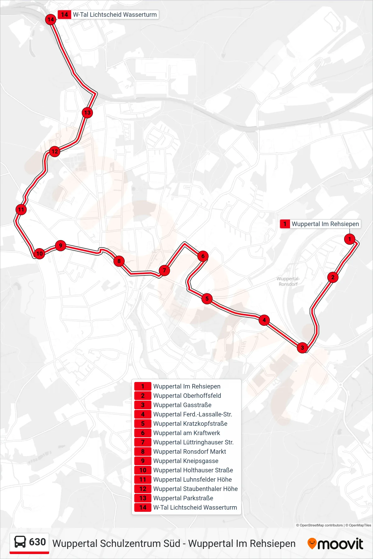 Linie 630 (Bus) Richtung W-Tal Lichtscheid Wasserturm: Route und Haltestellen auf der Karte